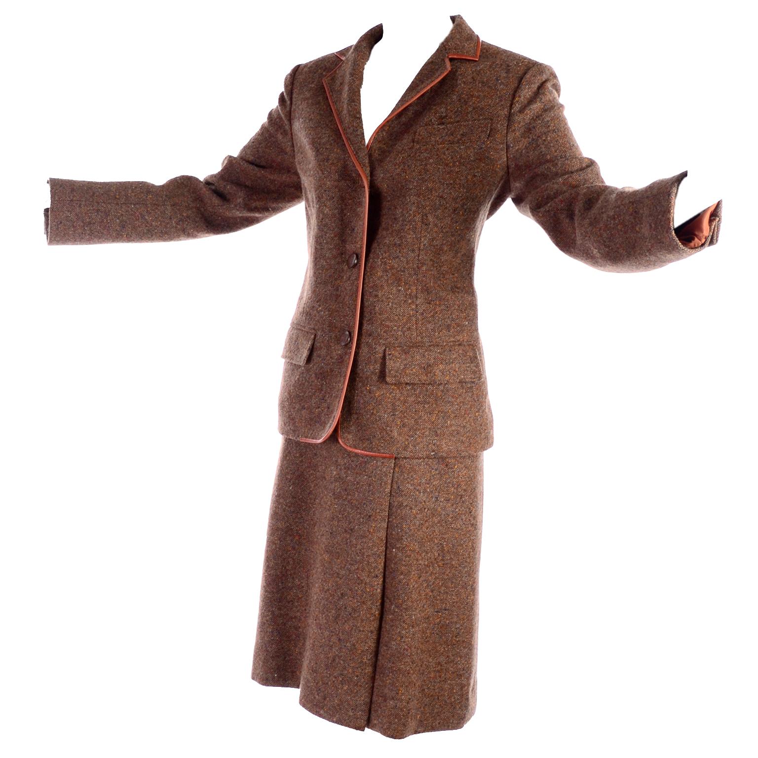 1970s Hermes Vintage Suit W/ Skirt & Blazer in Brown Wool Tweed W Leather Trim