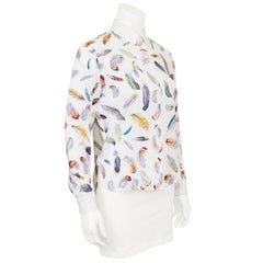 1970s Hermes White Silk Blouse with Feather Print