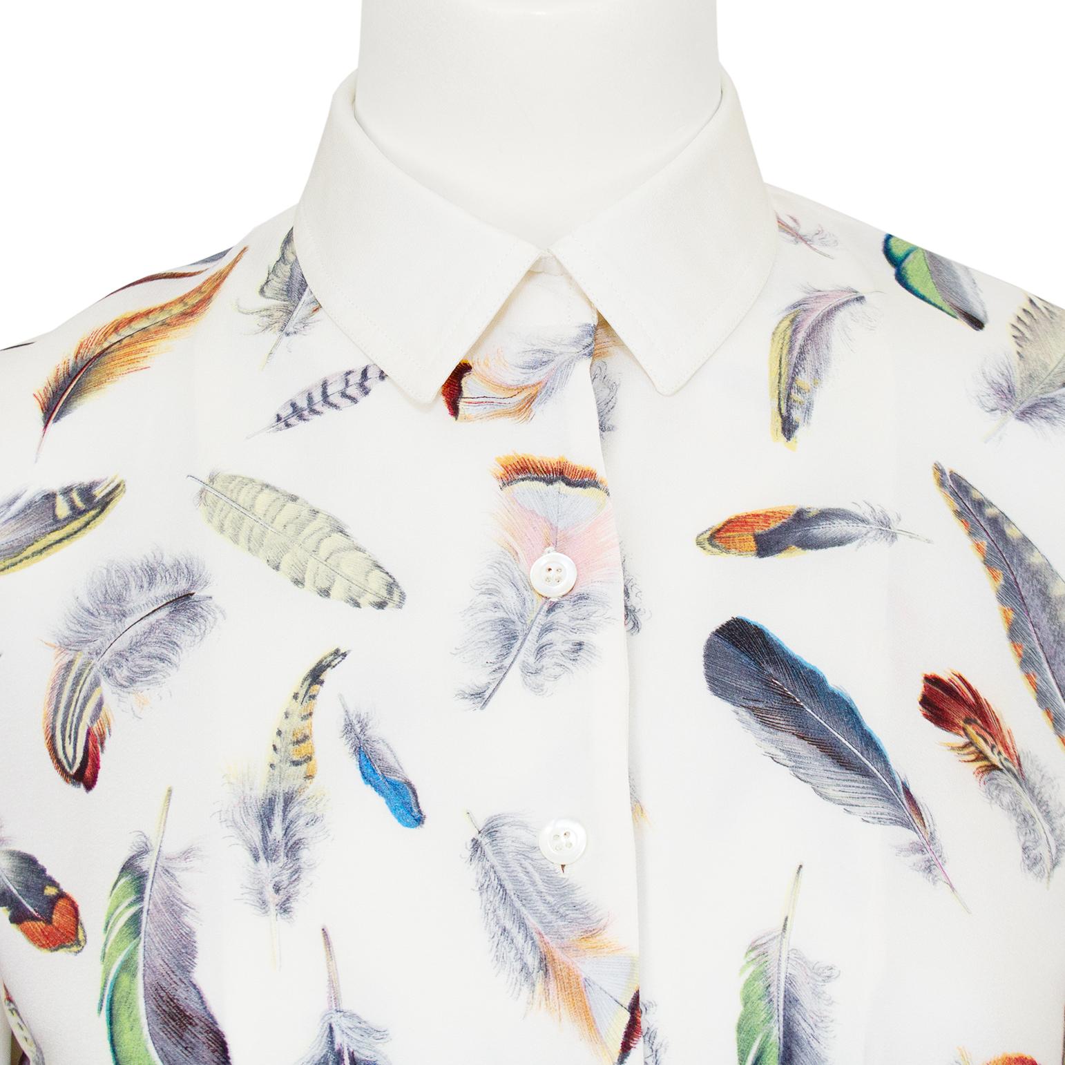 Women's 1970s Hermes White Silk Blouse with Feather Print  For Sale