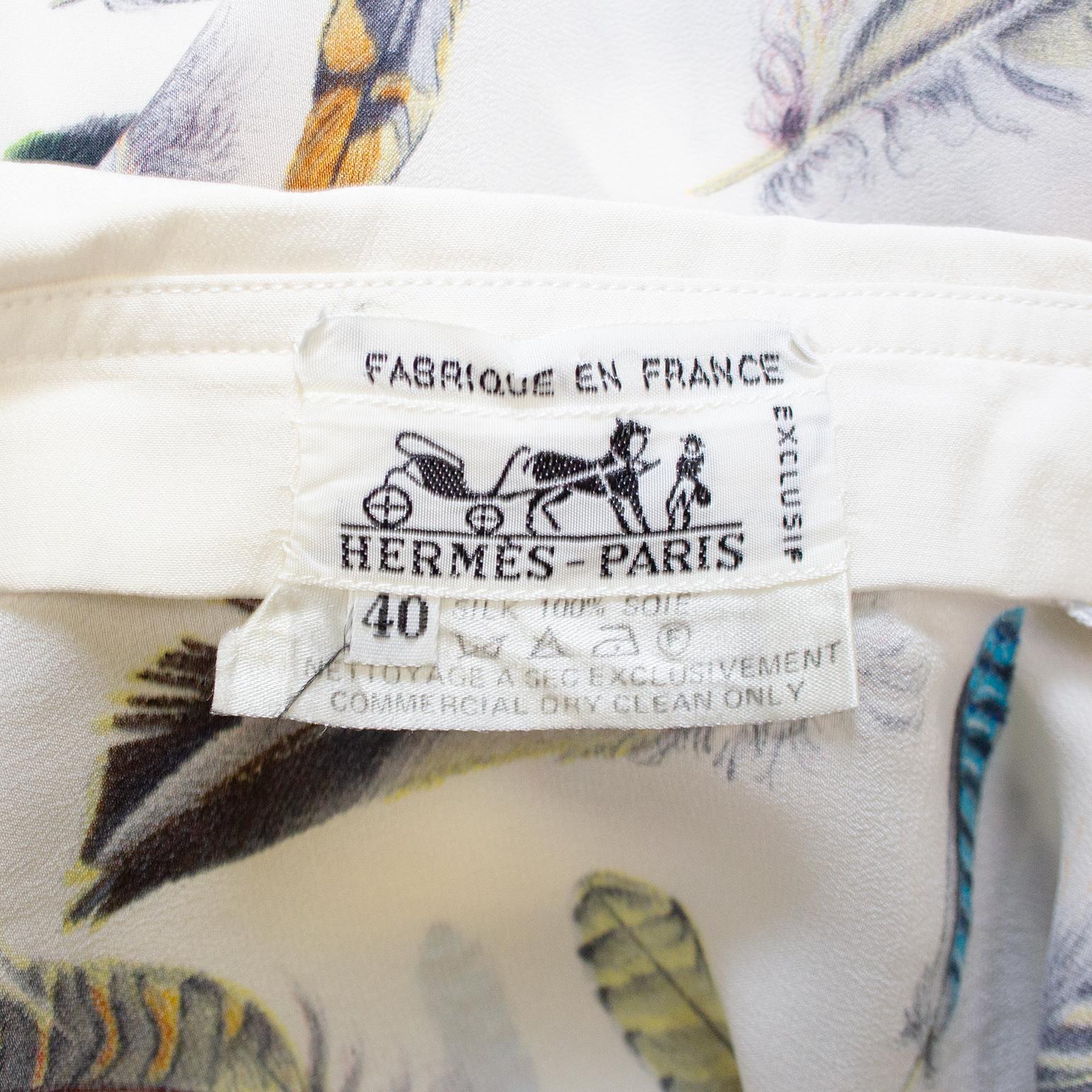 1970s Hermes White Silk Blouse with Feather Print  For Sale 1