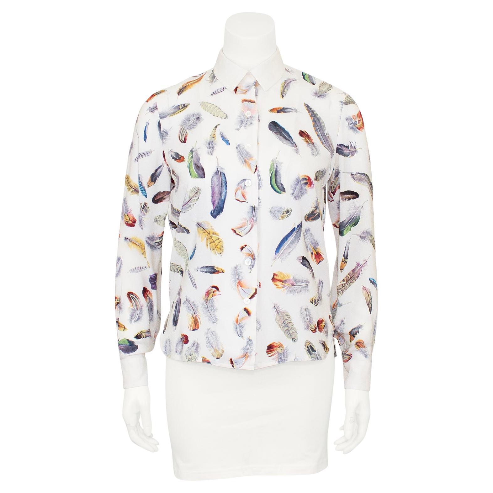1970s Hermes White Silk Blouse with Feather Print  For Sale