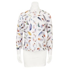 1970s Hermes White Silk Blouse with Feather Print