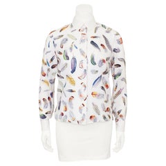 Vintage 1970s Hermes White Silk Blouse with Feather Print 