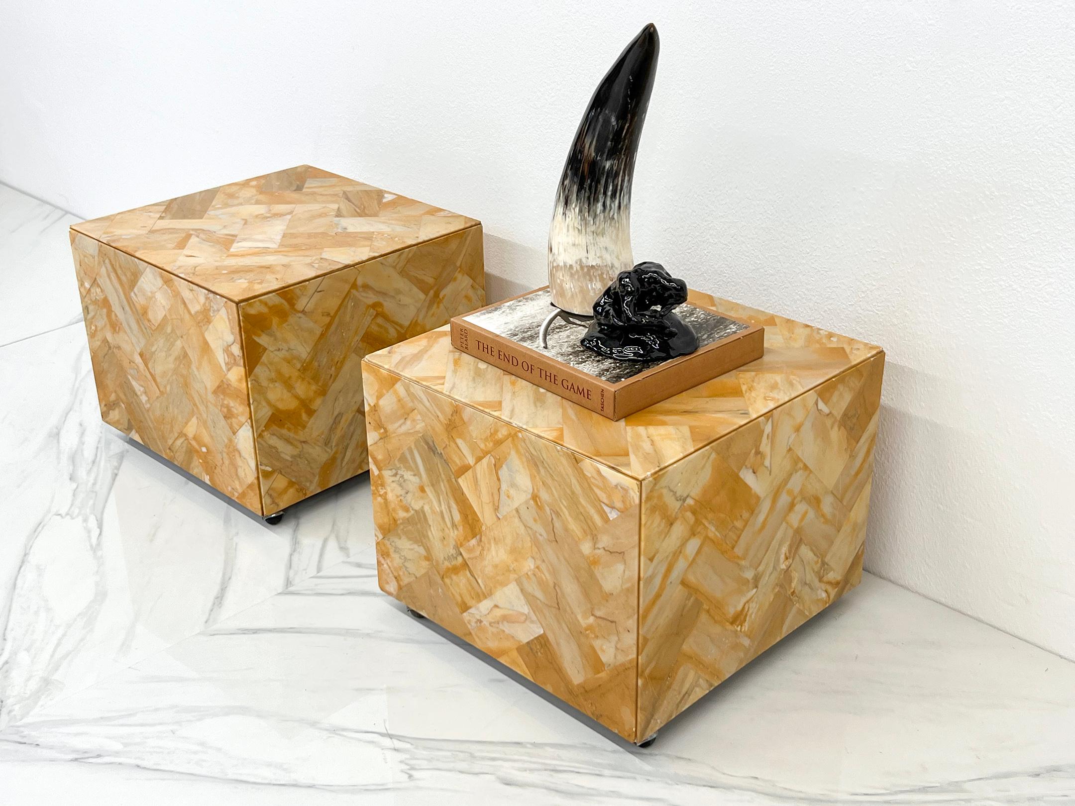 Modern 1970's Herringbone Onyx Pedestal Cocktail Tables, A Pair For Sale