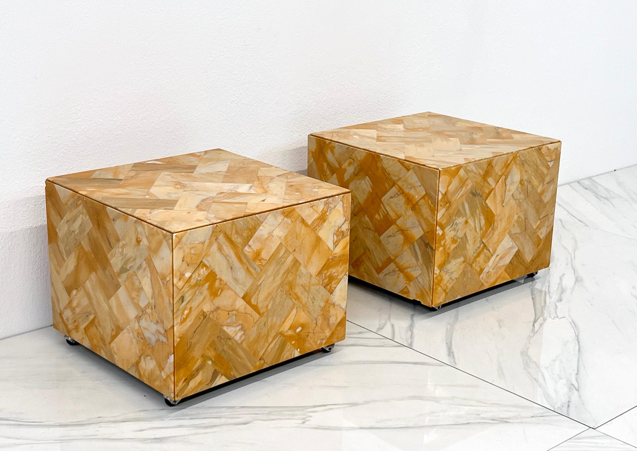 1970's Herringbone Onyx Pedestal Cocktail Tables, A Pair In Fair Condition For Sale In Culver City, CA