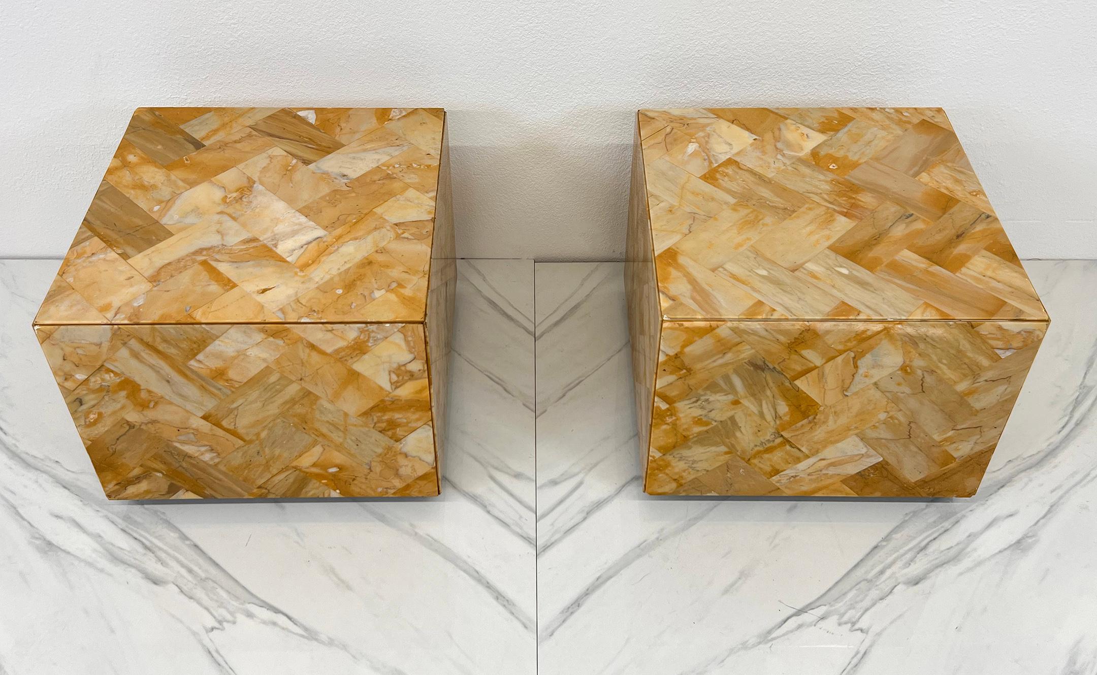Late 20th Century 1970's Herringbone Onyx Pedestal Cocktail Tables, A Pair For Sale