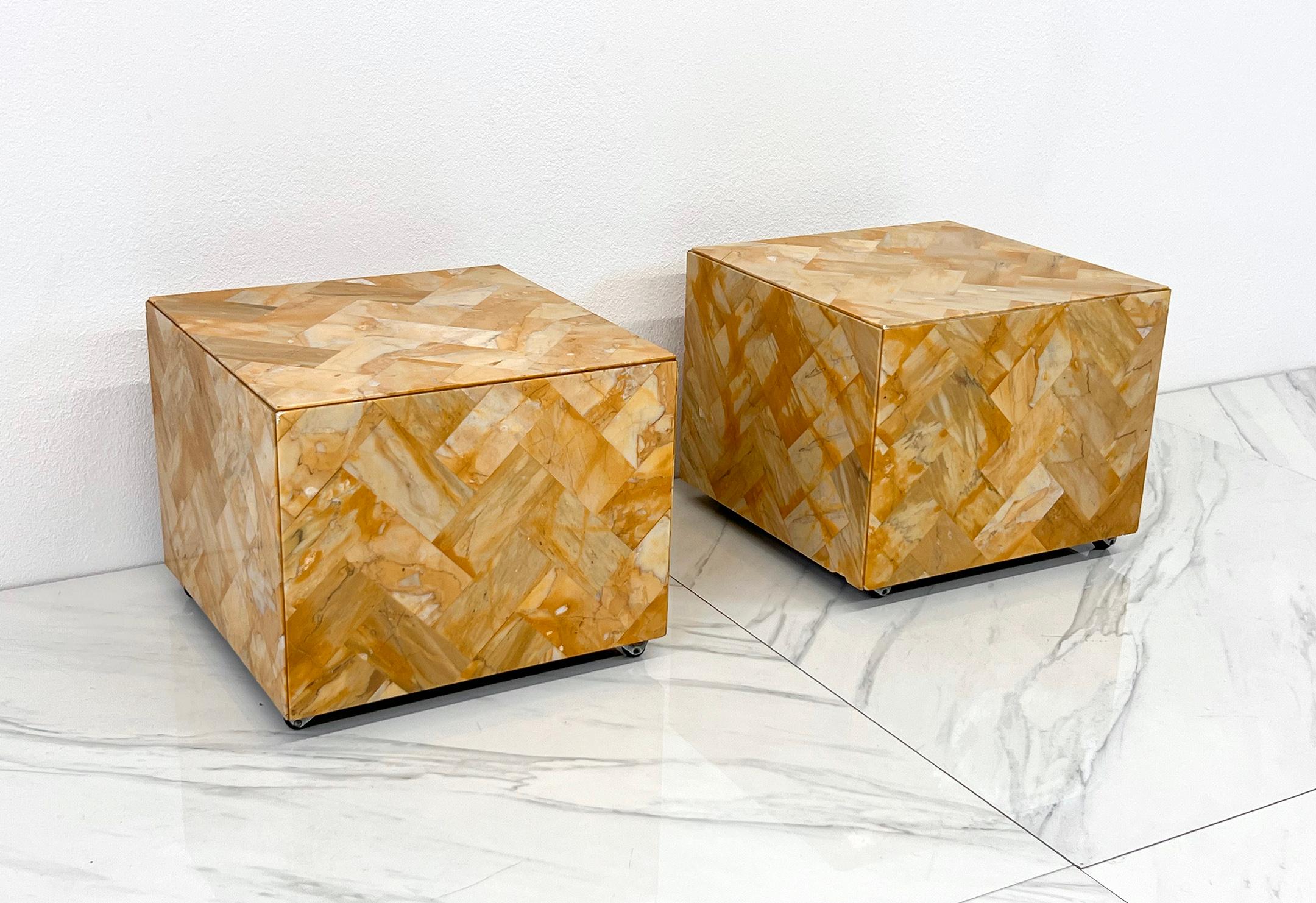 1970's Herringbone Onyx Pedestal Cocktail Tables, A Pair For Sale 1