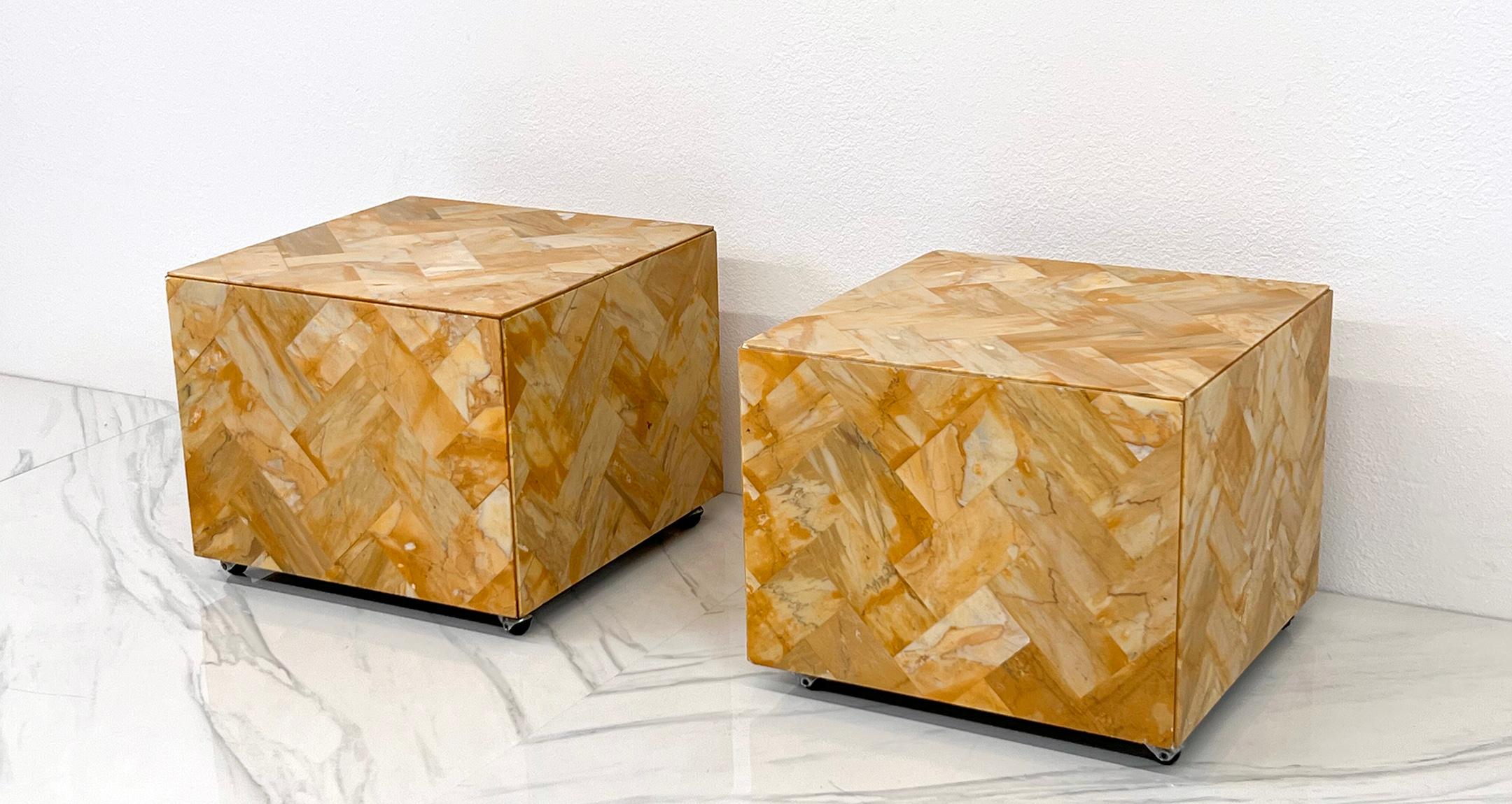 1970's Herringbone Onyx Pedestal Cocktail Tables, A Pair For Sale 2