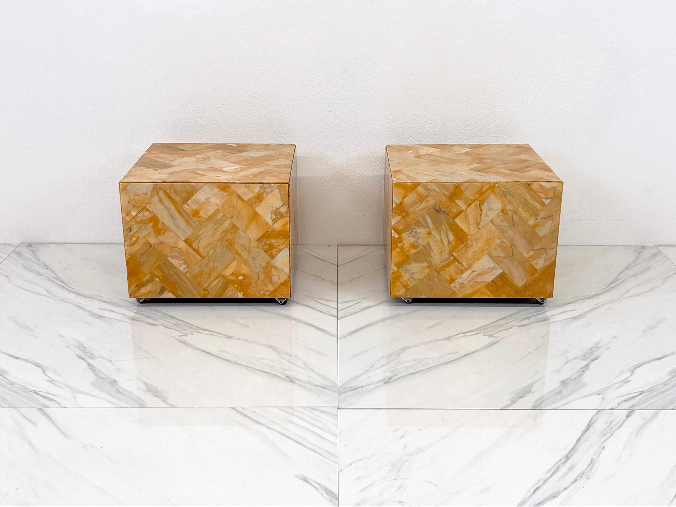1970's Herringbone Onyx Pedestal Cocktail Tables, A Pair For Sale 3