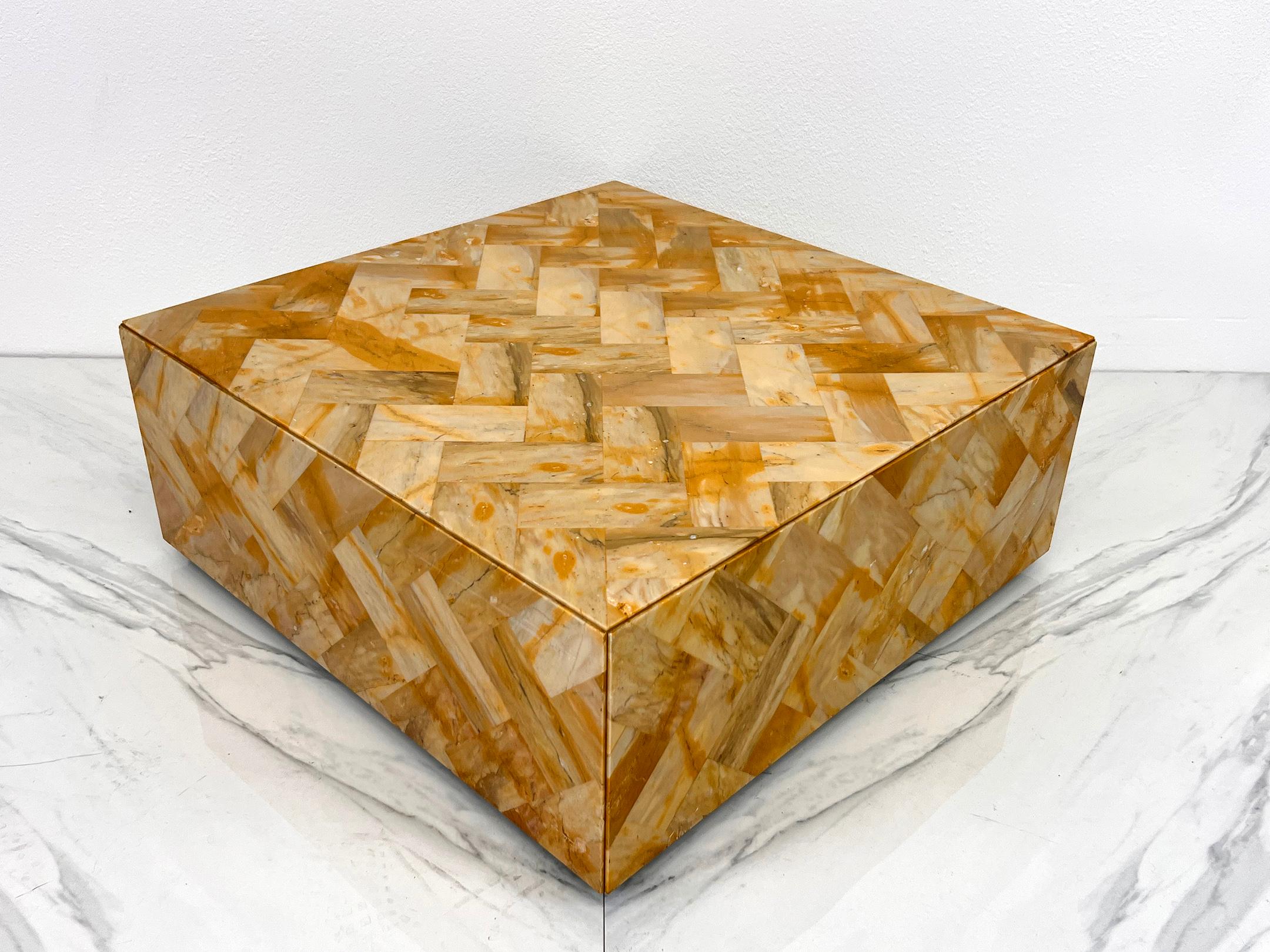 Feast your eyes on this ultra-chic, vintage 1970s gem! This stunning coffee table is a true conversation starter, flaunting a mesmerizing herringbone pattern crafted from real onyx tiles. Each tile is a unique masterpiece, boasting a golden hue that