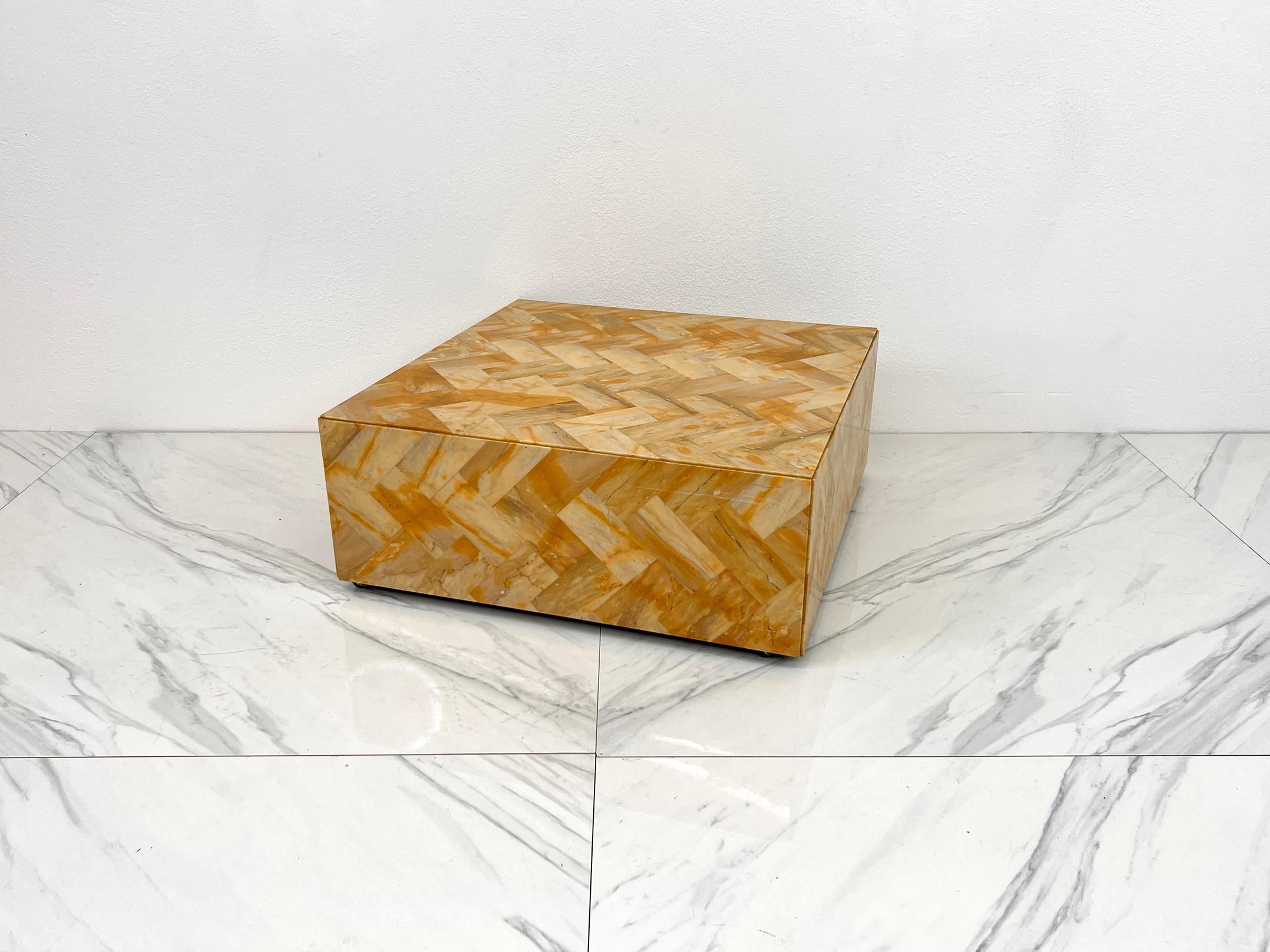 Hollywood Regency 1970's Herringbone Onyx Pedestal Coffee Table For Sale