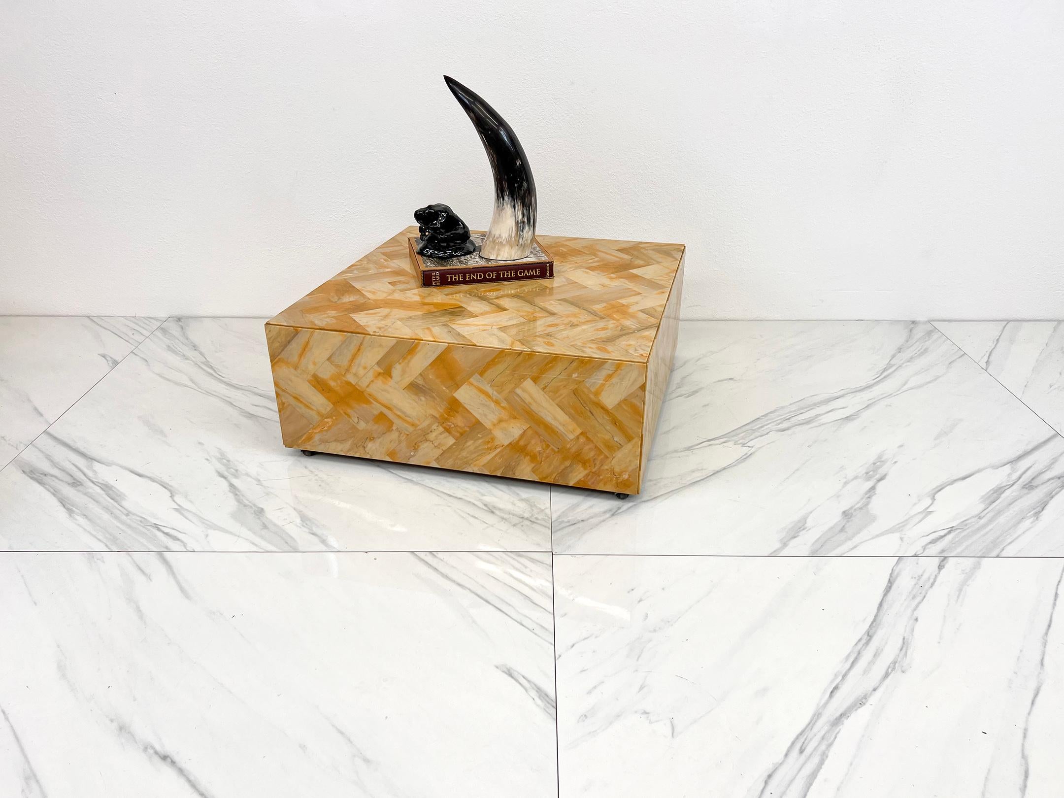 1970's Herringbone Onyx Pedestal Coffee Table In Fair Condition For Sale In Culver City, CA