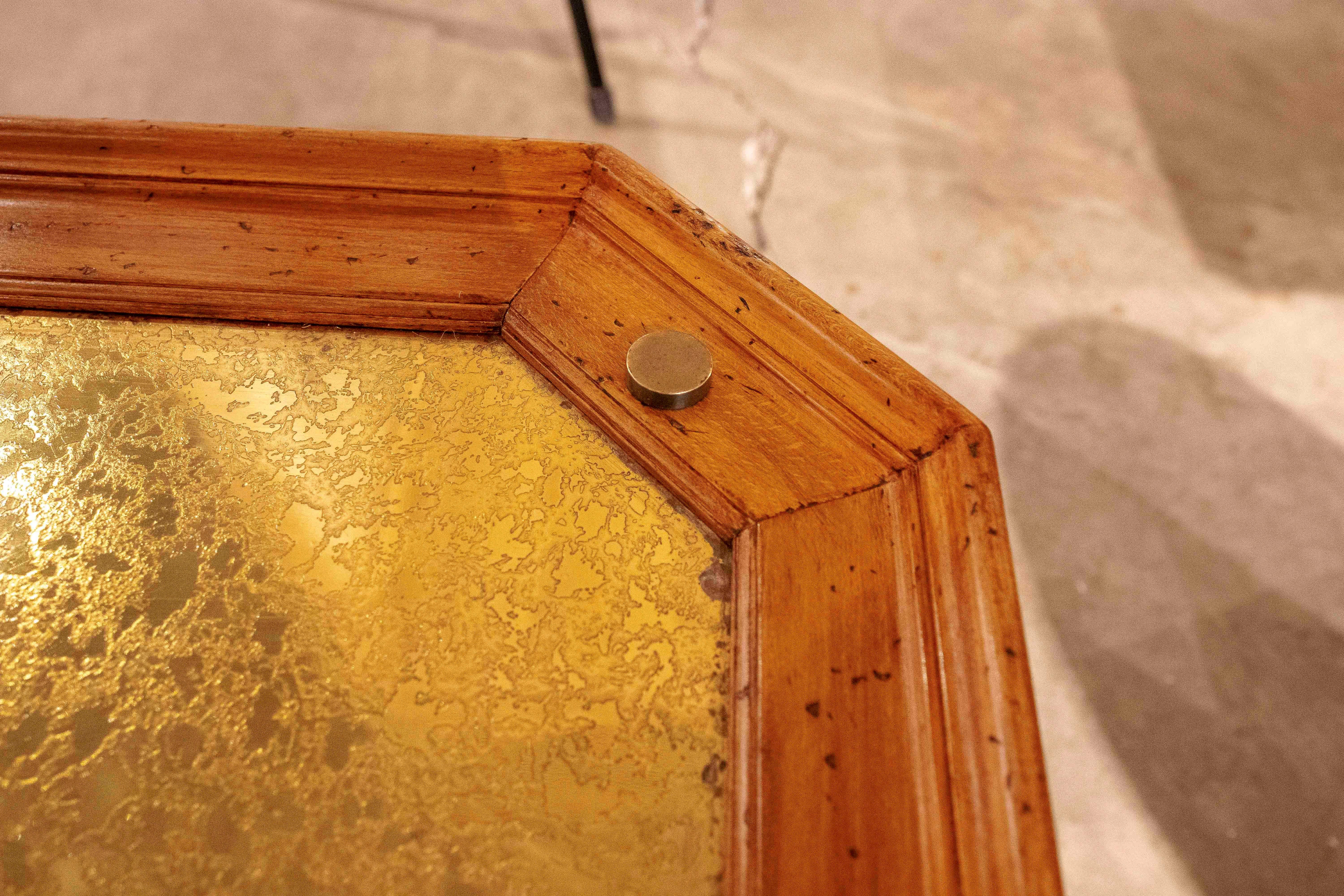 1970s Hexagonal Coffee Table with Embossed Brass Top and Brass Base, Holl Style For Sale 5