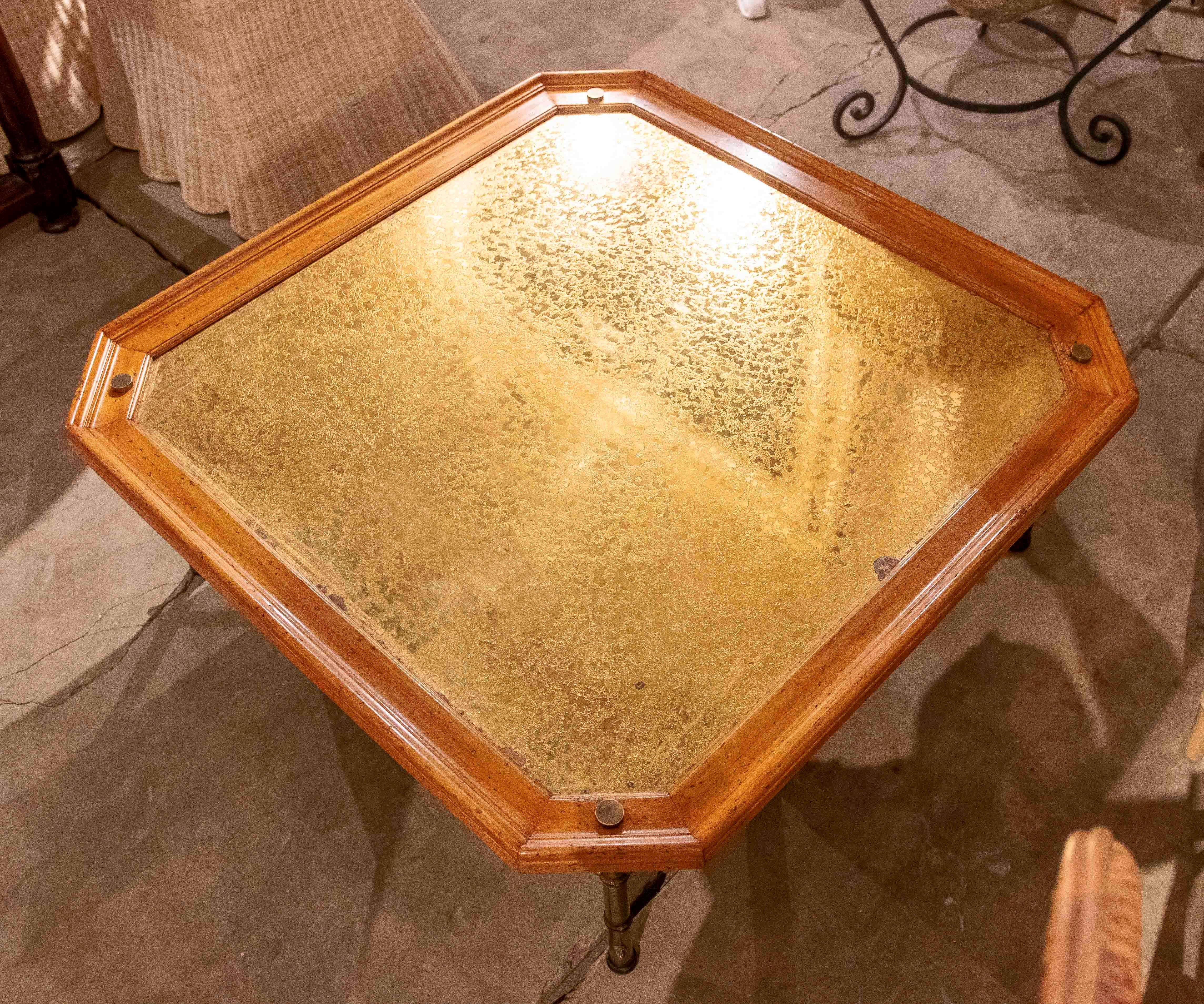 1970s Hexagonal Coffee Table with Embossed Brass Top and Brass Base, Holl Style For Sale 7