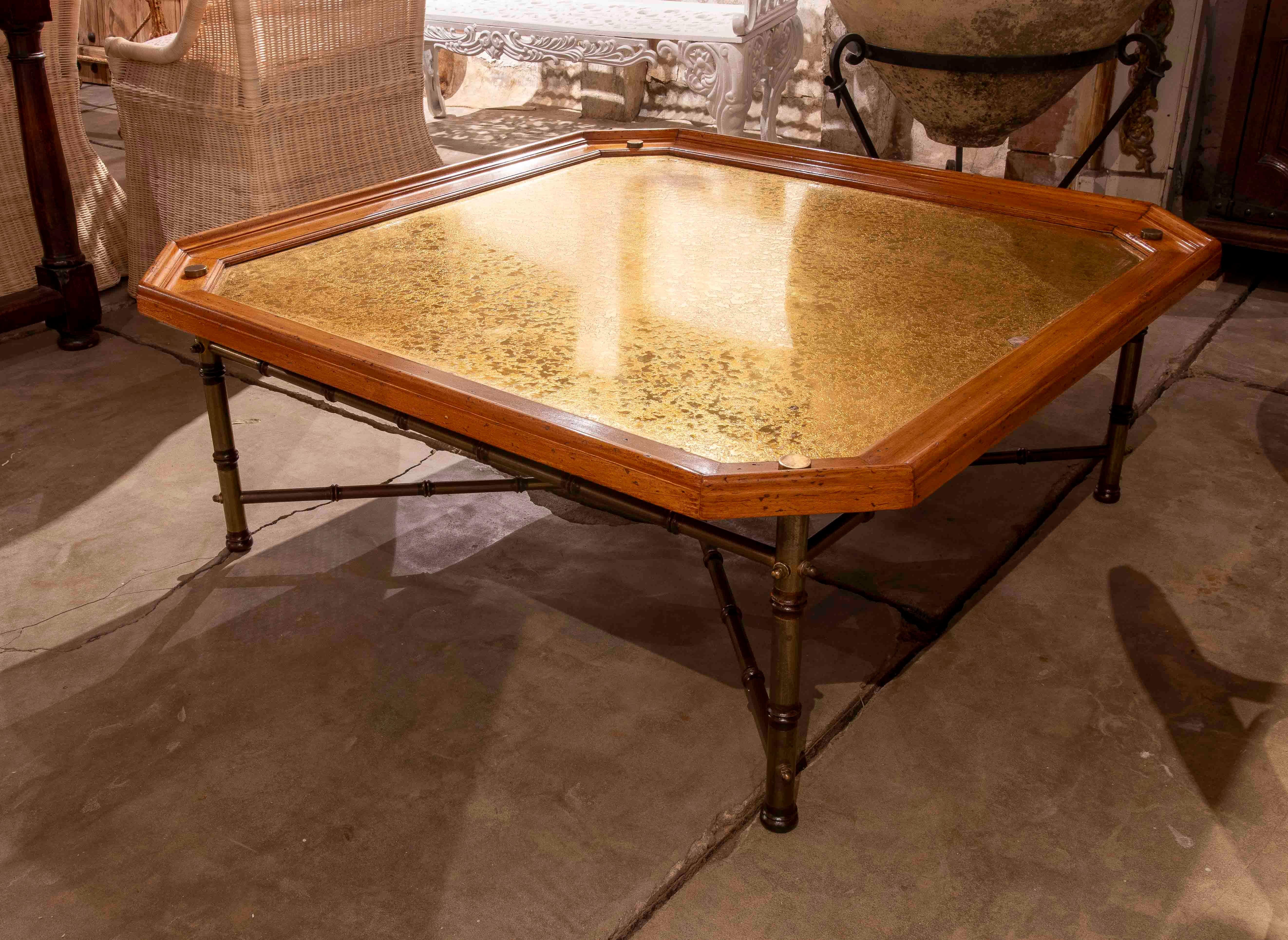 Spanish 1970s Hexagonal Coffee Table with Embossed Brass Top and Brass Base, Holl Style For Sale