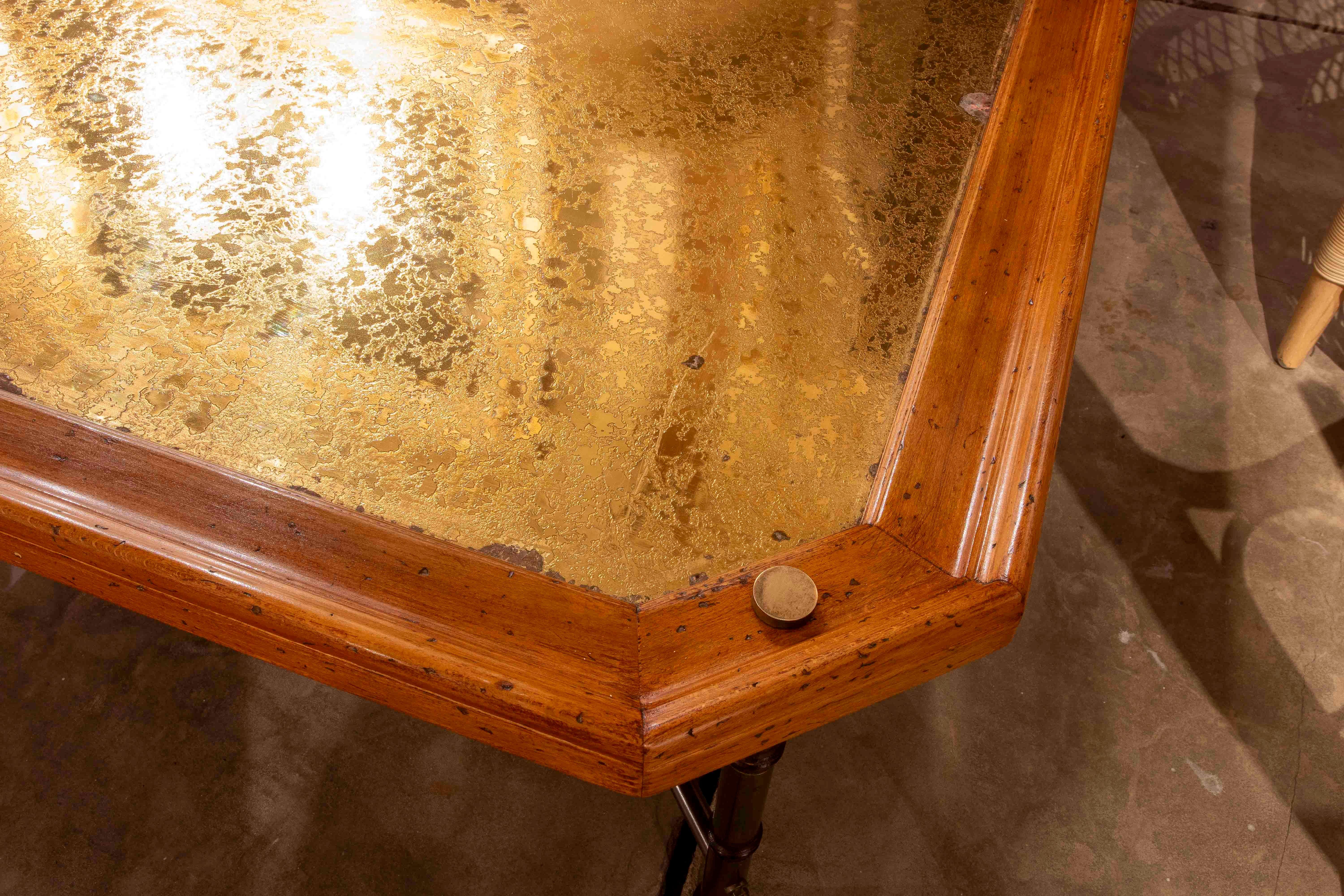 20th Century 1970s Hexagonal Coffee Table with Embossed Brass Top and Brass Base, Holl Style For Sale