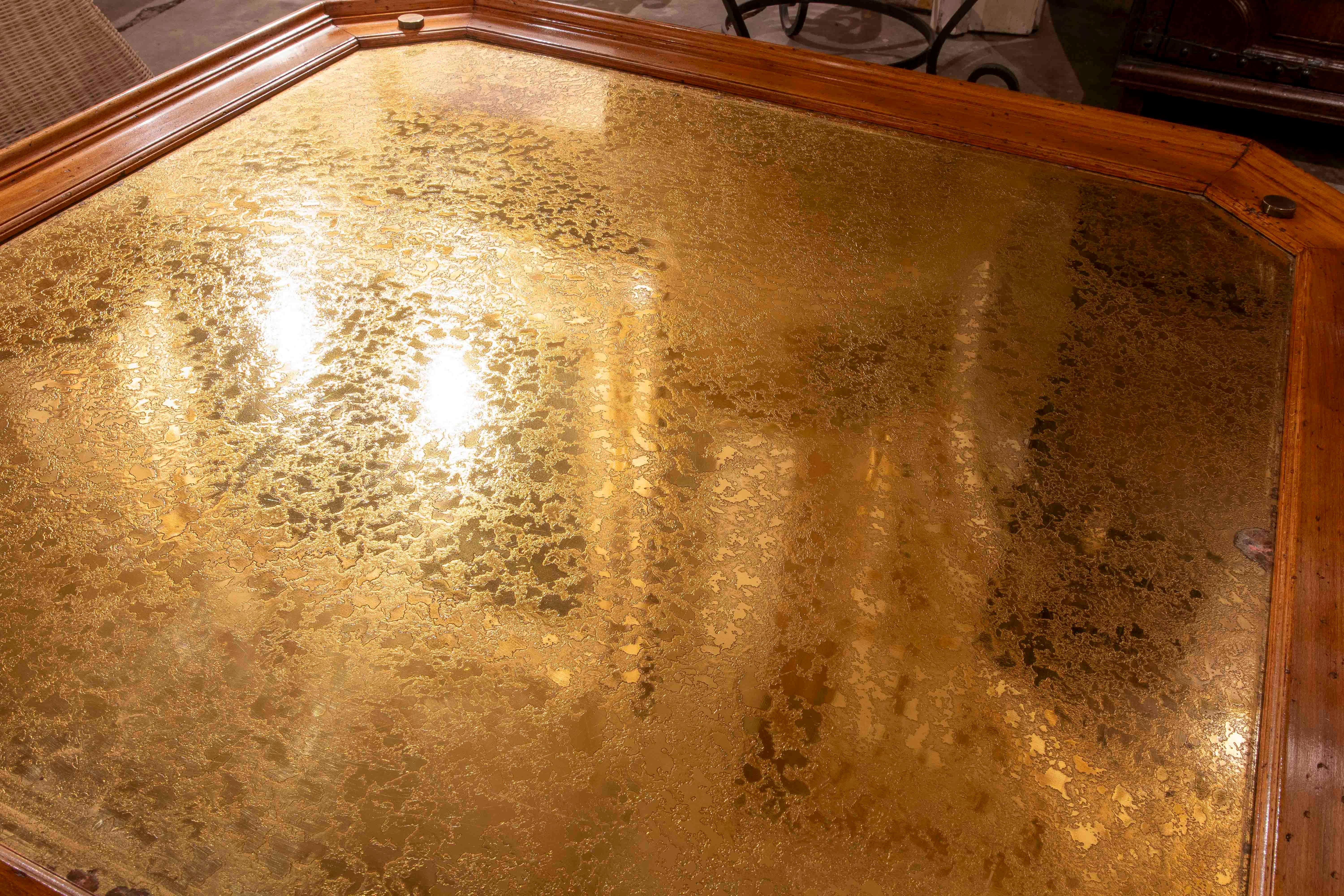 1970s Hexagonal Coffee Table with Embossed Brass Top and Brass Base, Holl Style For Sale 1