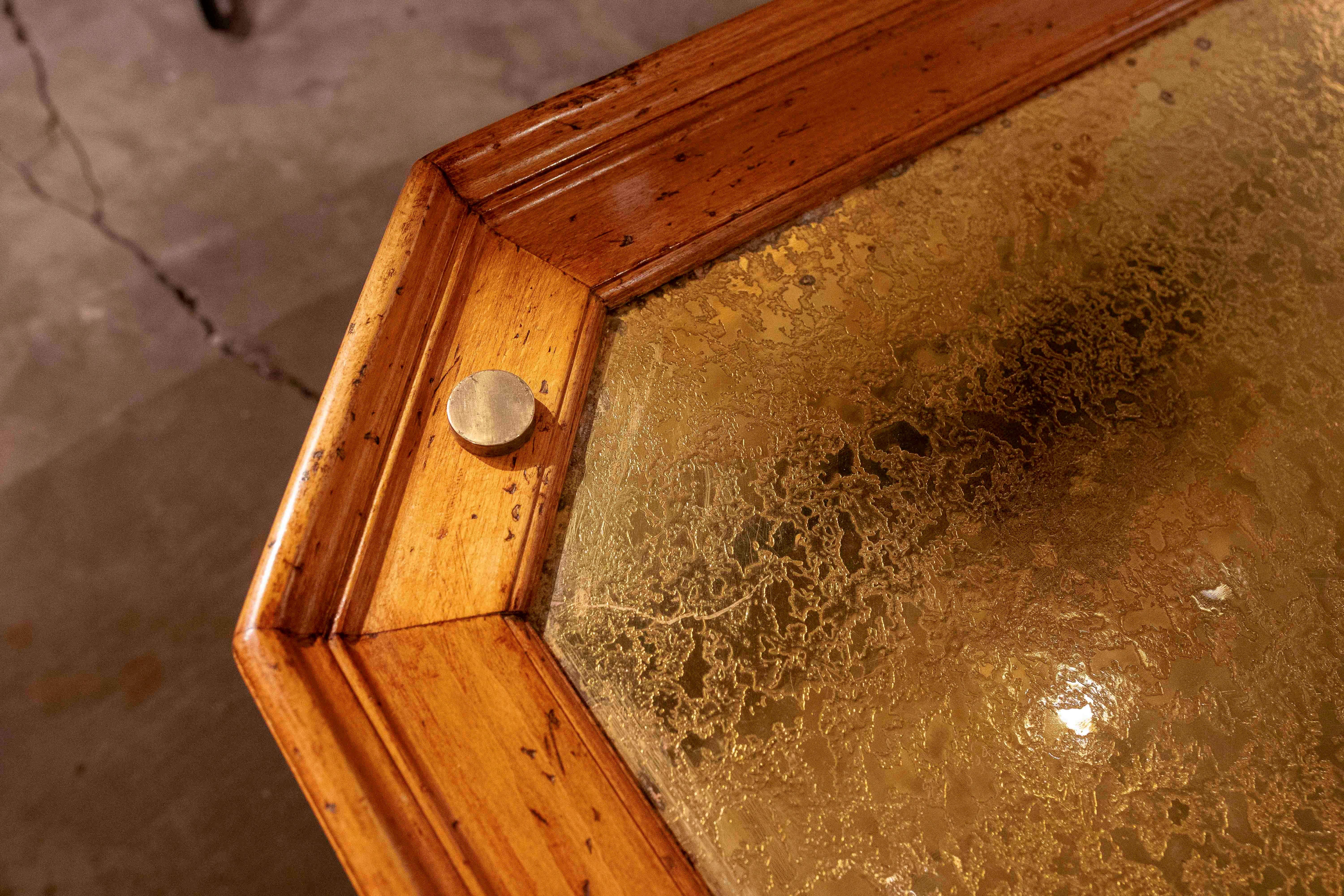 1970s Hexagonal Coffee Table with Embossed Brass Top and Brass Base, Holl Style For Sale 2