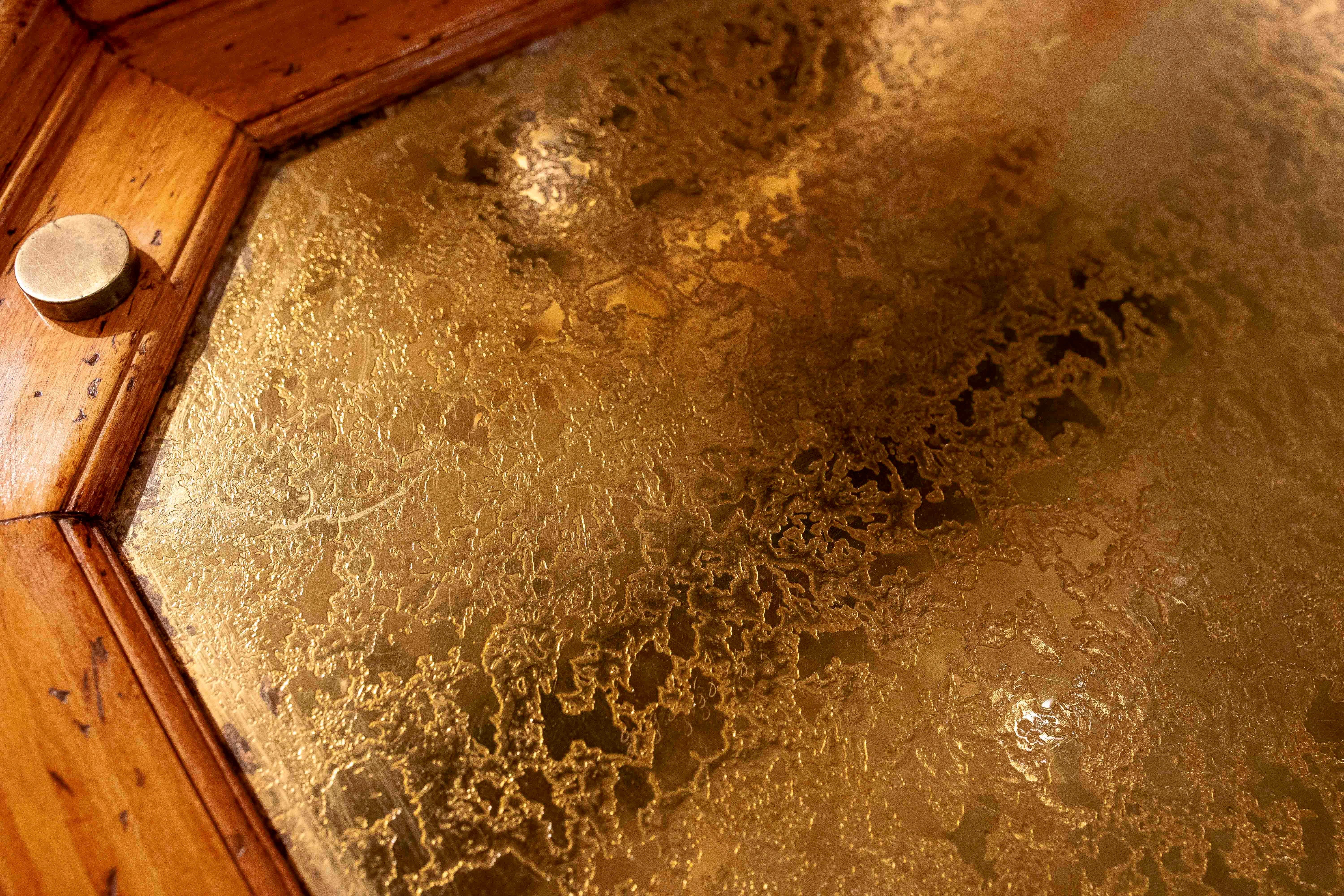 1970s Hexagonal Coffee Table with Embossed Brass Top and Brass Base, Holl Style For Sale 3