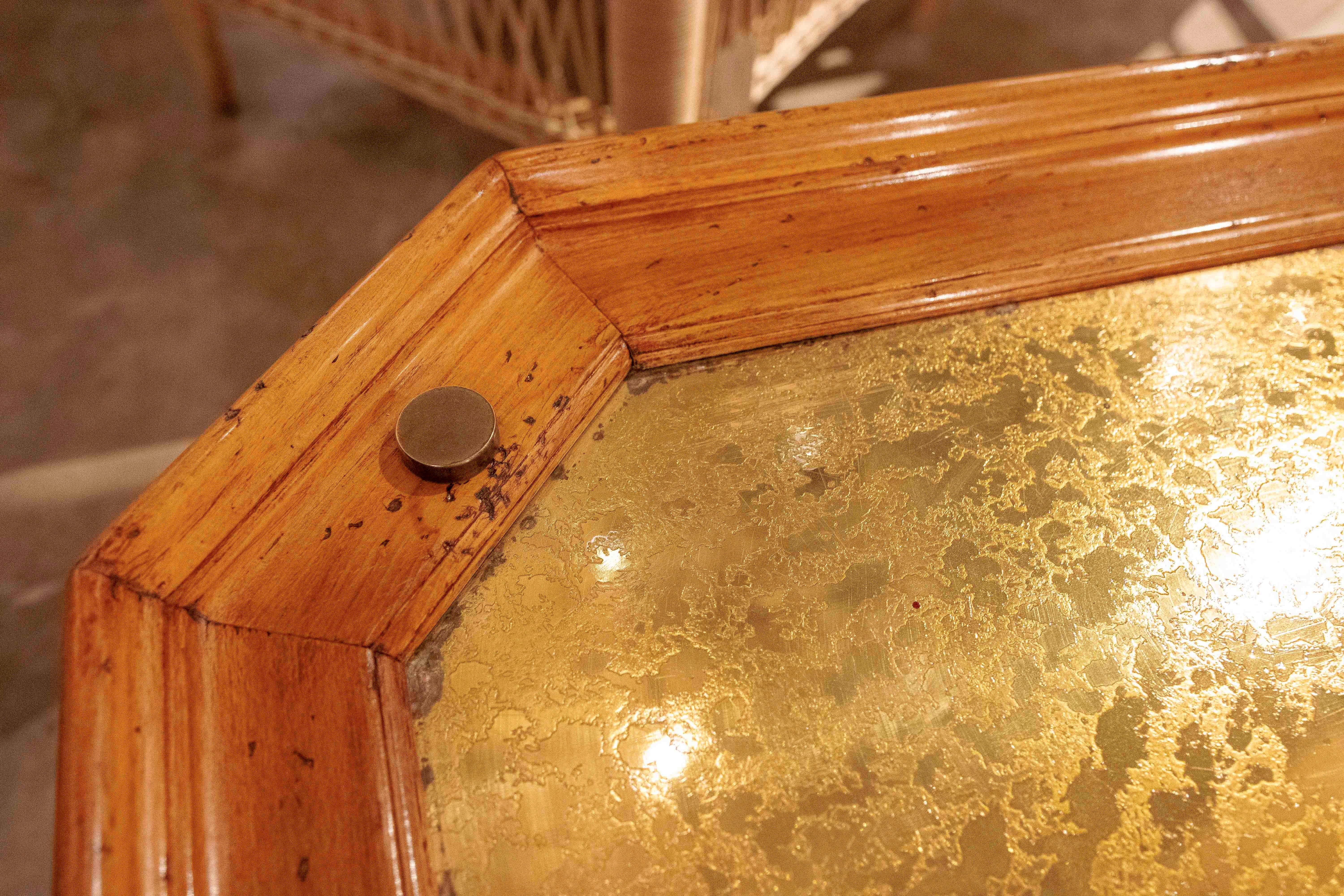 1970s Hexagonal Coffee Table with Embossed Brass Top and Brass Base, Holl Style For Sale 4