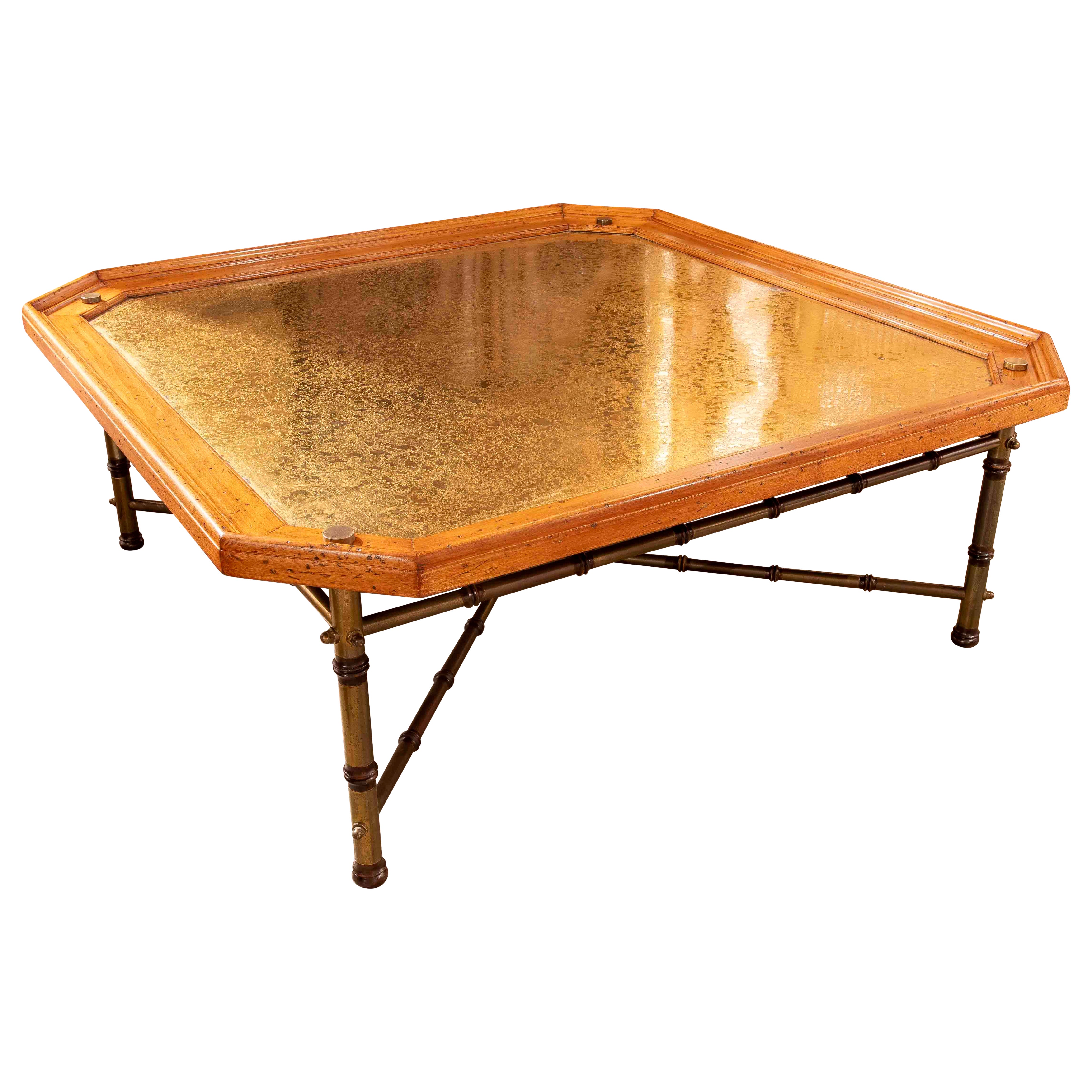 1970s Hexagonal Coffee Table with Embossed Brass Top and Brass Base, Holl Style For Sale