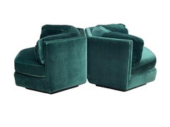 1970s Hexagonal Green Velvet Sofa Club Chair W/ Plinth Base-A Pair