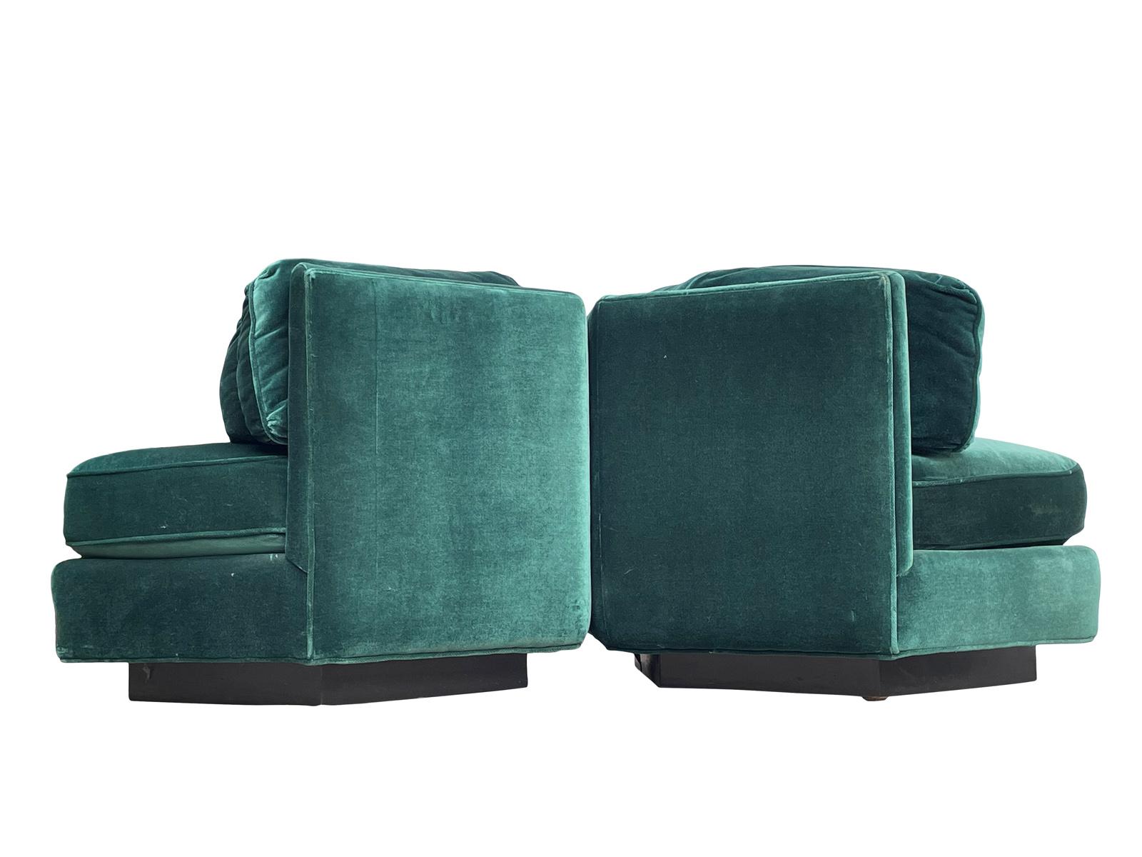 Mid-Century Modern 1970s Hexagonal Green Velvet Sofa Club Chair W/ Plinth Base-A Pair For Sale