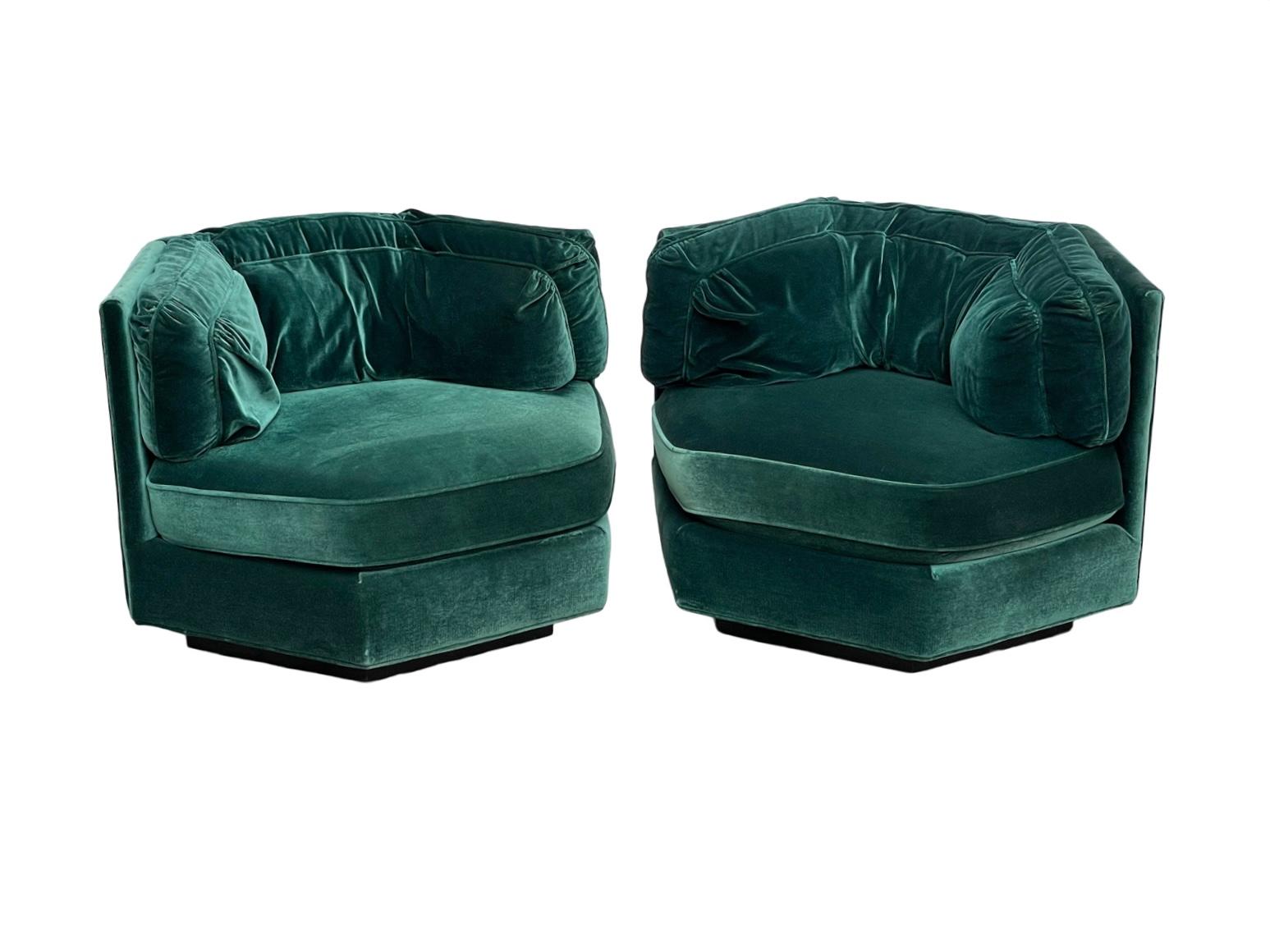 American 1970s Hexagonal Green Velvet Sofa Club Chair W/ Plinth Base-A Pair For Sale