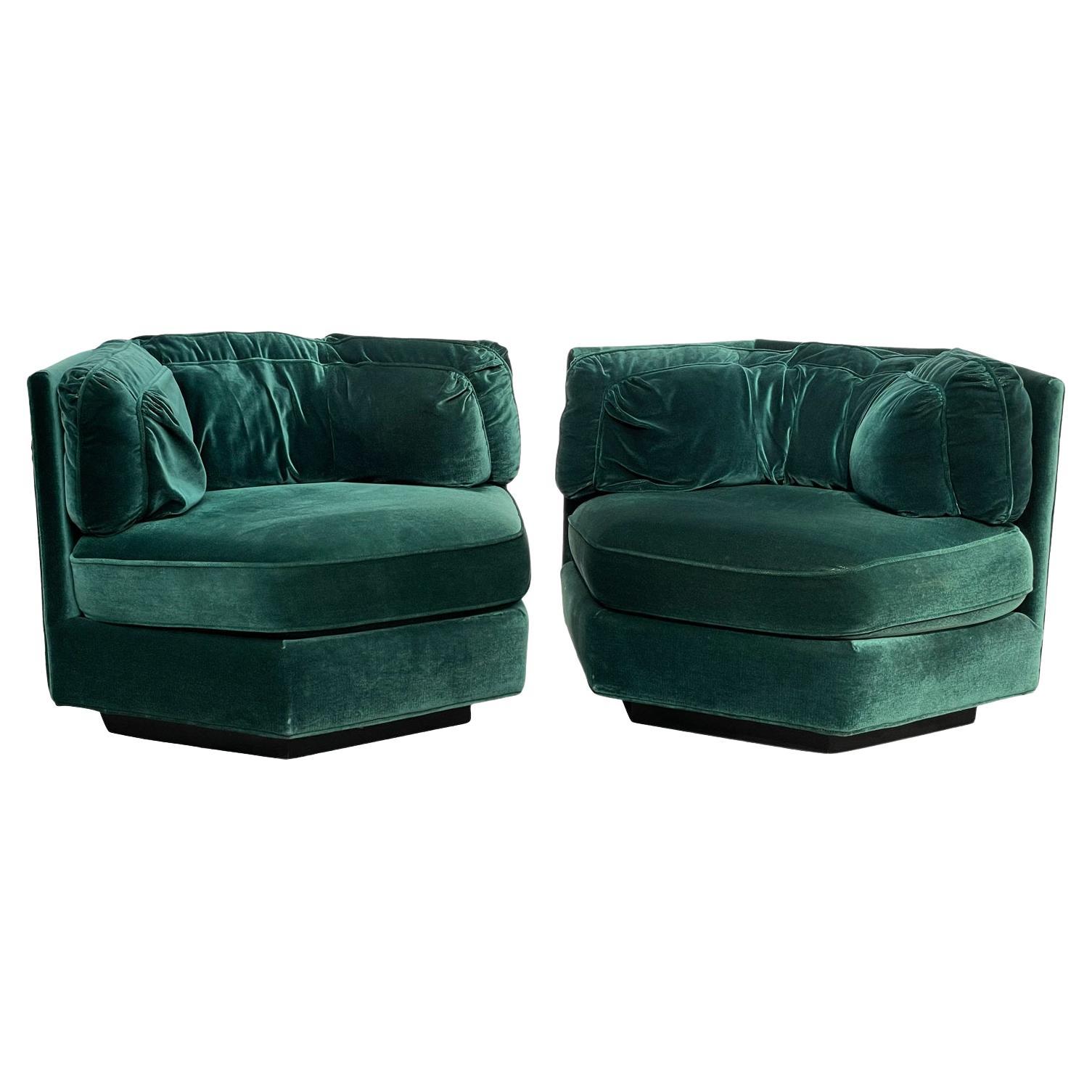 1970s Hexagonal Green Velvet Sofa Club Chair W/ Plinth Base-A Pair For Sale