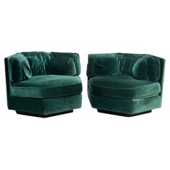 1970s Hexagonal Green Velvet Sofa Club Chair W/ Plinth Base-A Pair