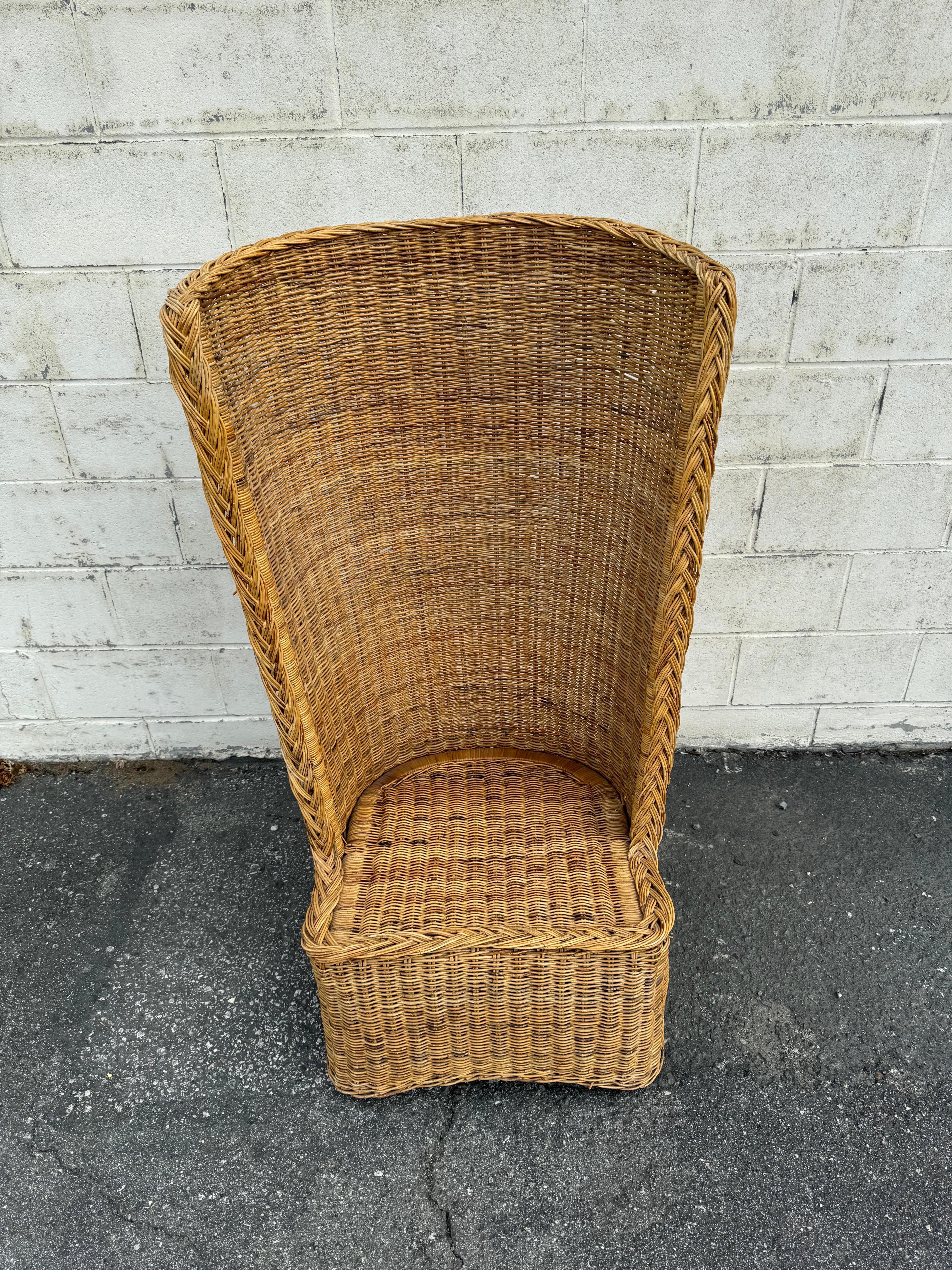Bohemian 1970's High Barrel Back Rattan Chair For Sale