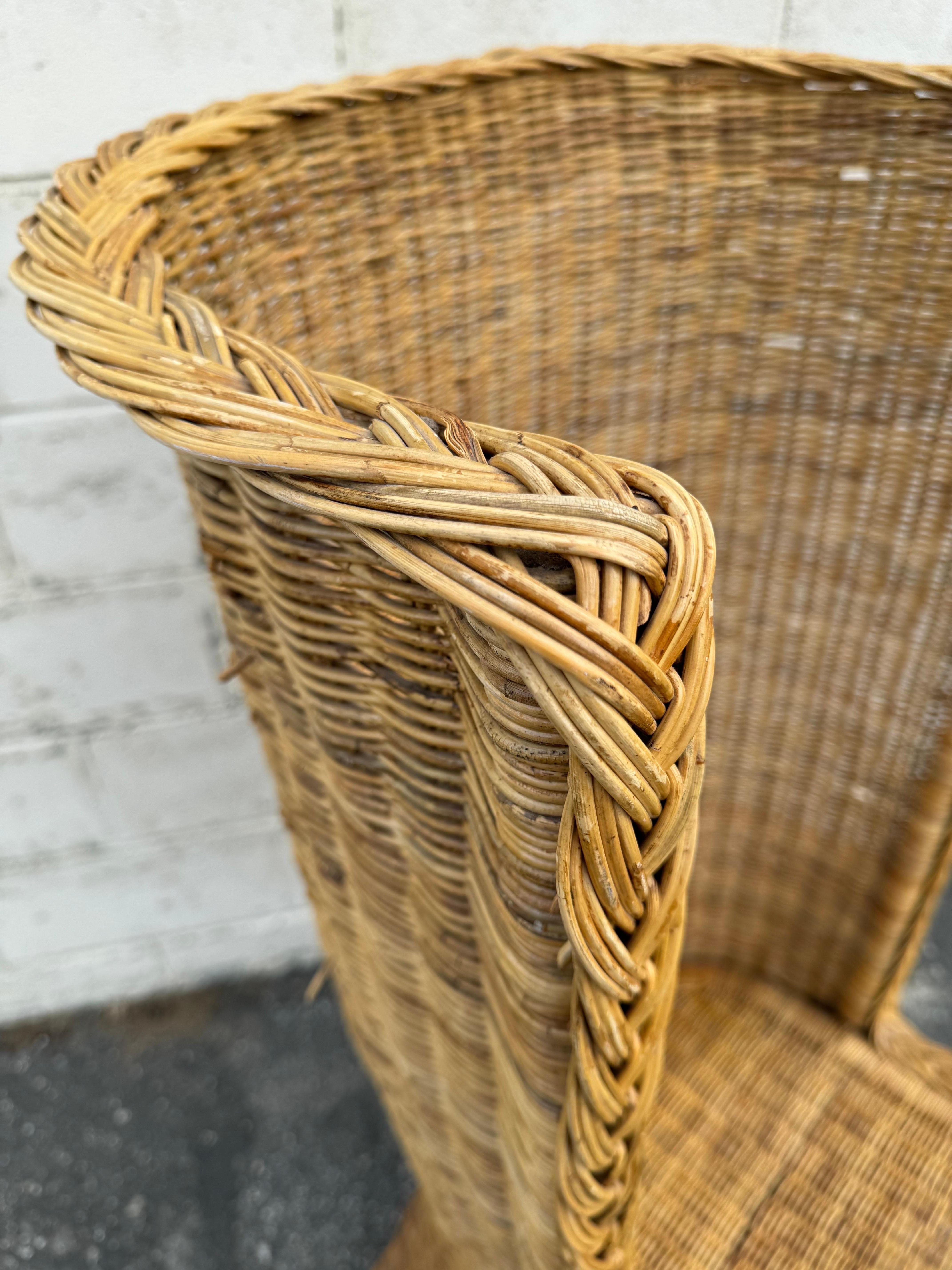Late 20th Century 1970's High Barrel Back Rattan Chair For Sale