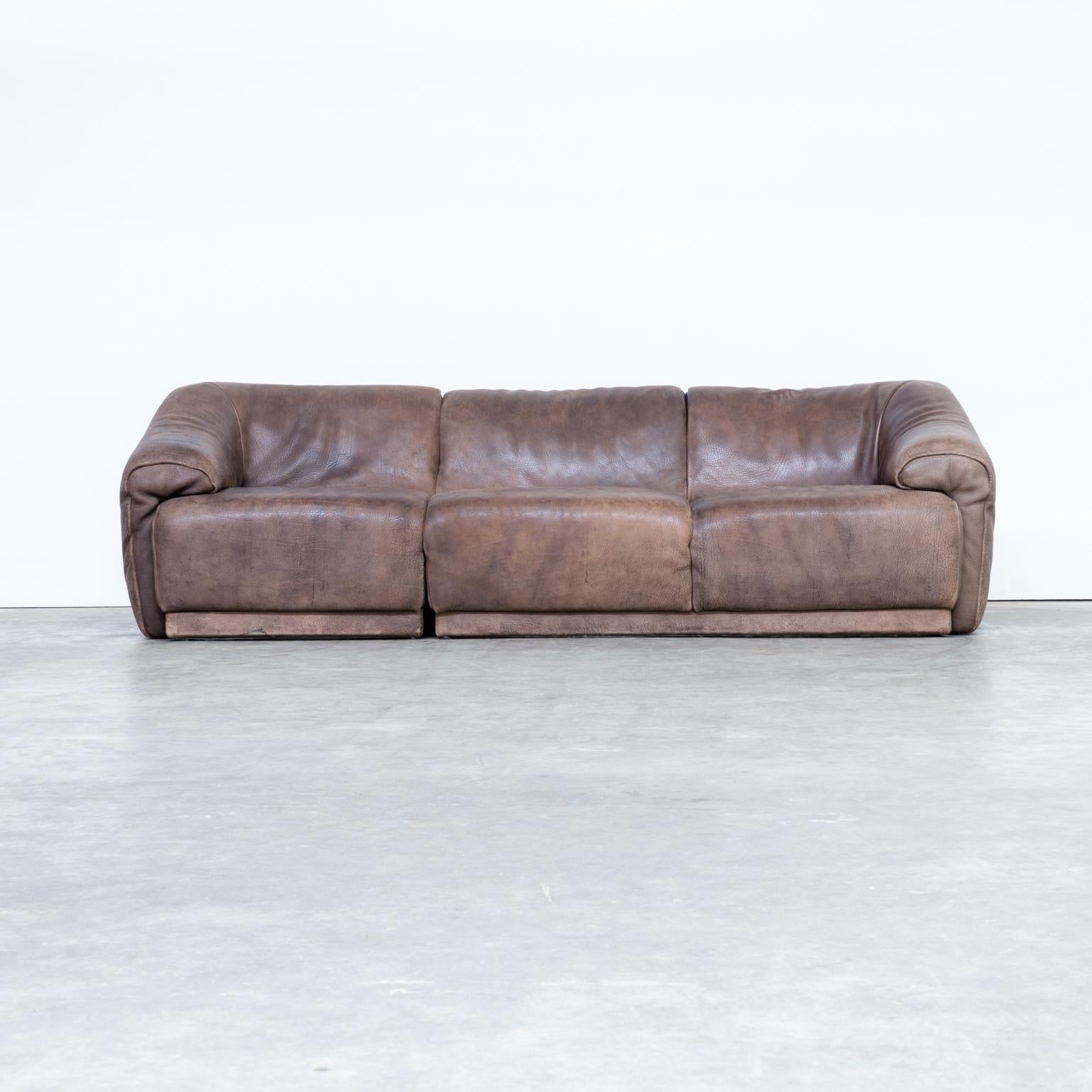 1970s High end neck leather three seat sofa. Good condition consistent with age and use.