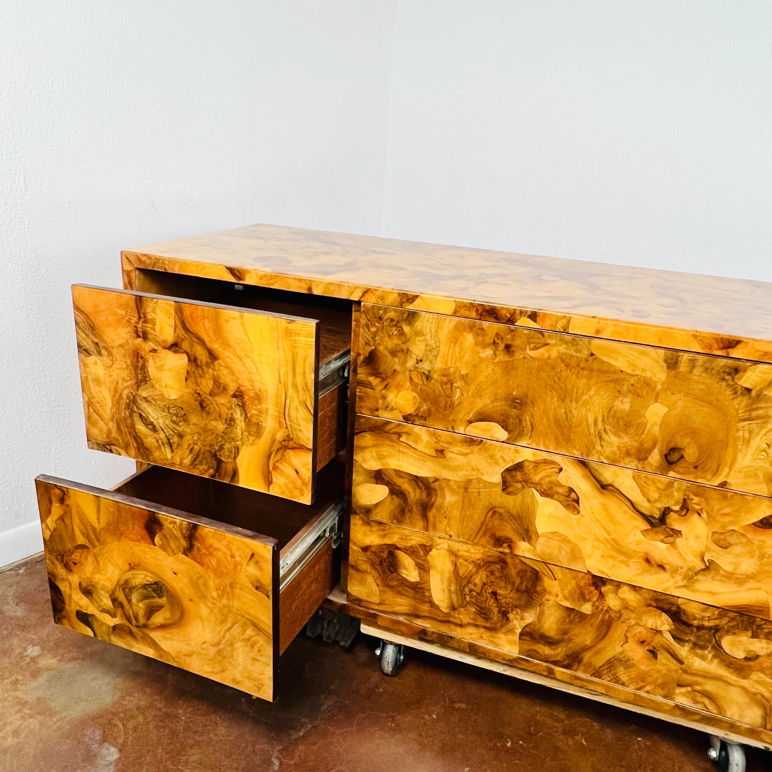1970's High Gloss Burl Credenza with Lucite Legs 6