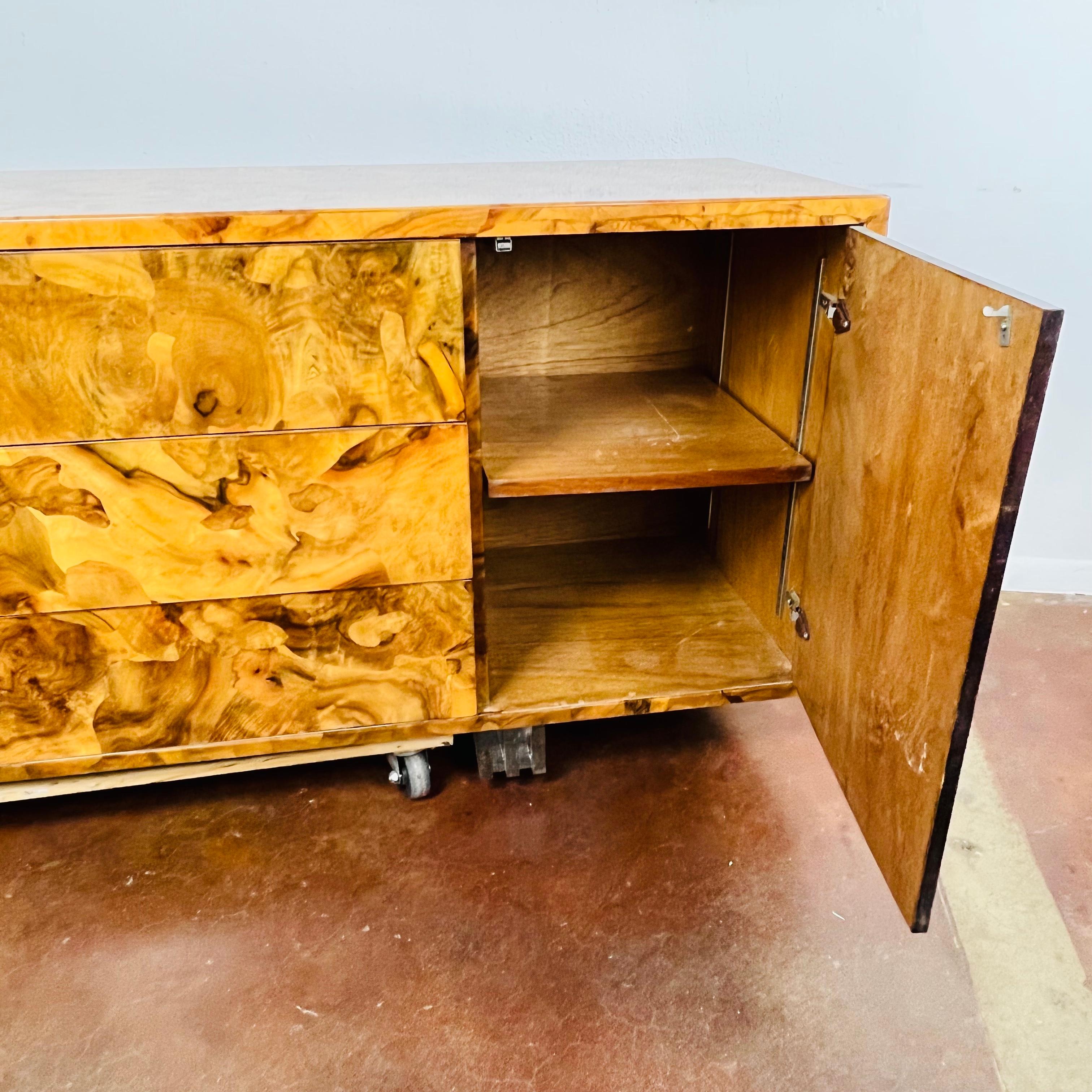 1970's High Gloss Burl Credenza with Lucite Legs 7