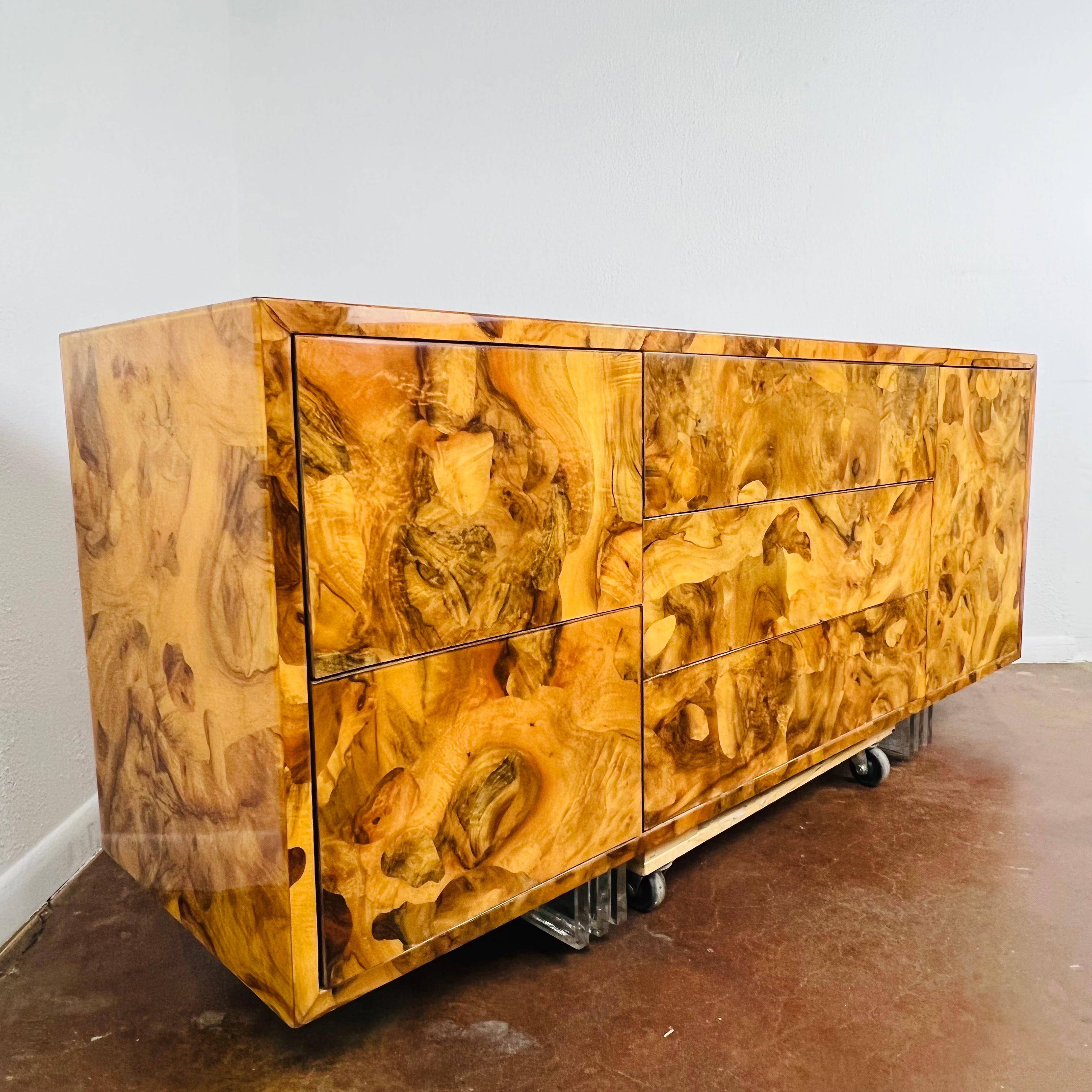 Mid-Century Modern 1970's High Gloss Burl Credenza with Lucite Legs