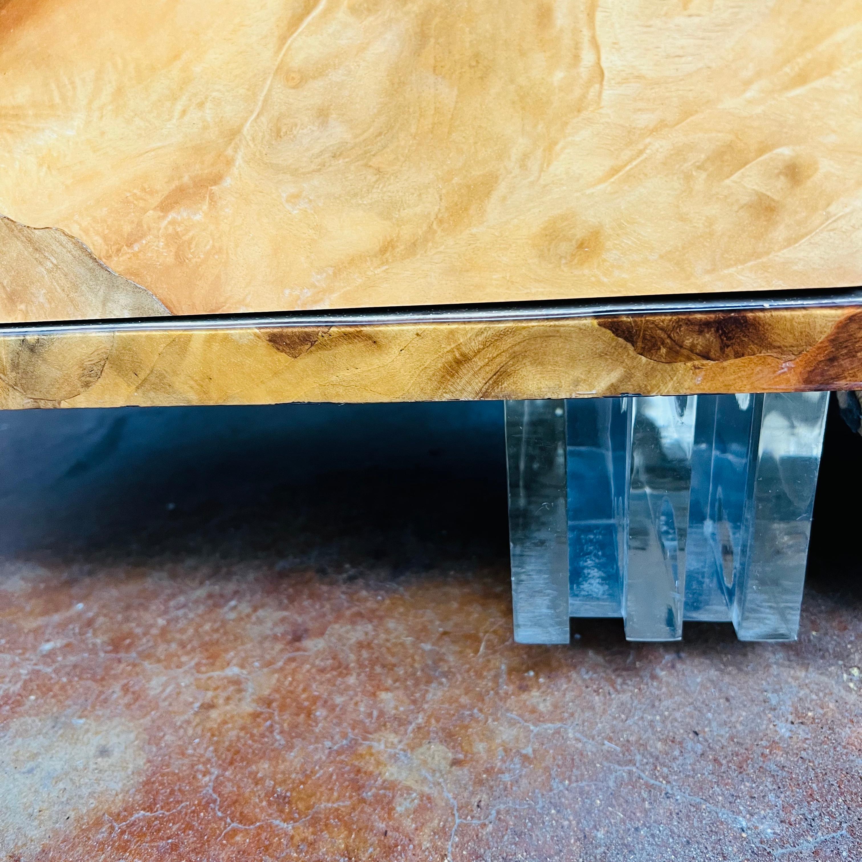 Late 20th Century 1970's High Gloss Burl Credenza with Lucite Legs