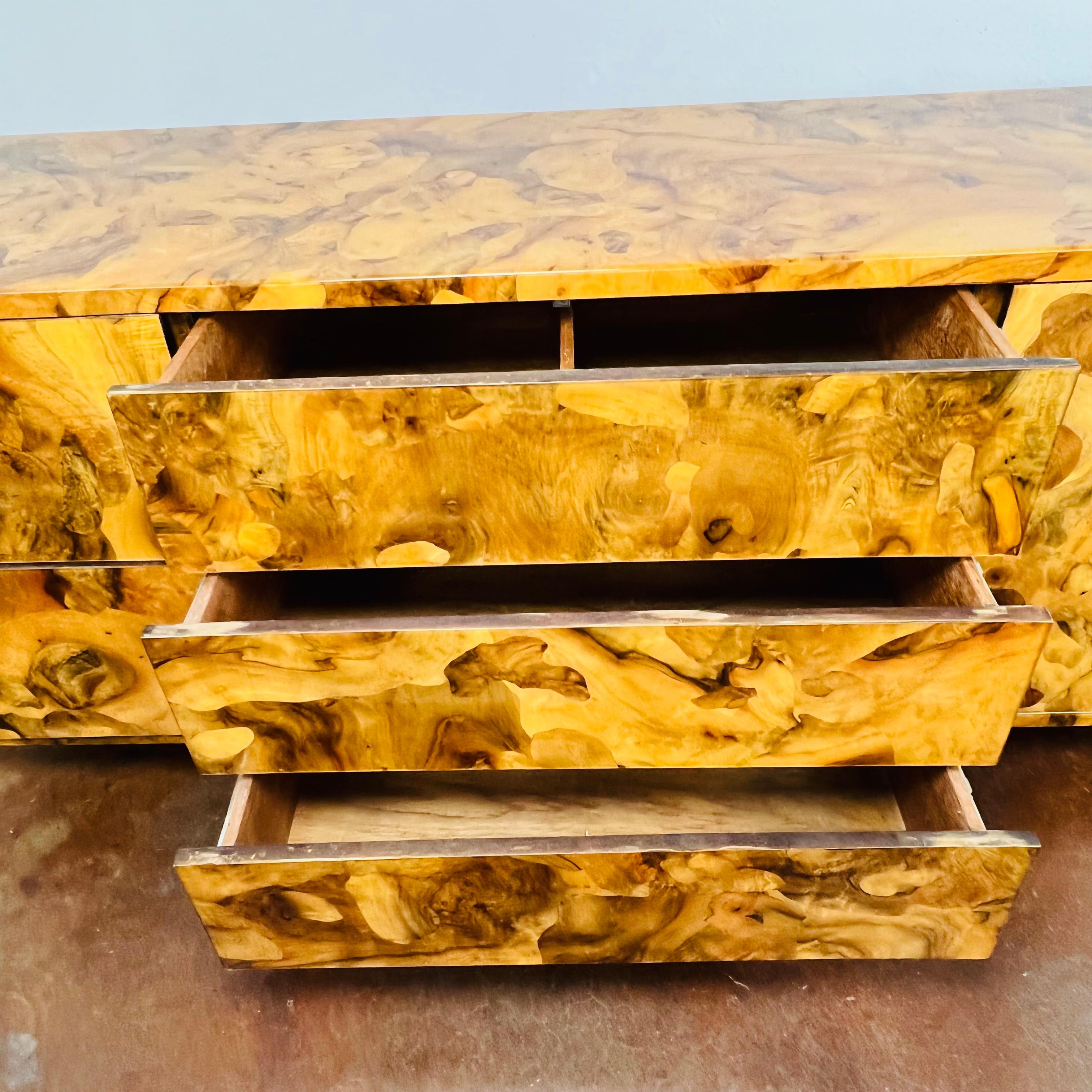 1970's High Gloss Burl Credenza with Lucite Legs 2