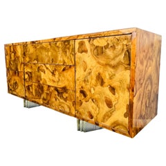1970's High Gloss Burl Credenza with Lucite Legs