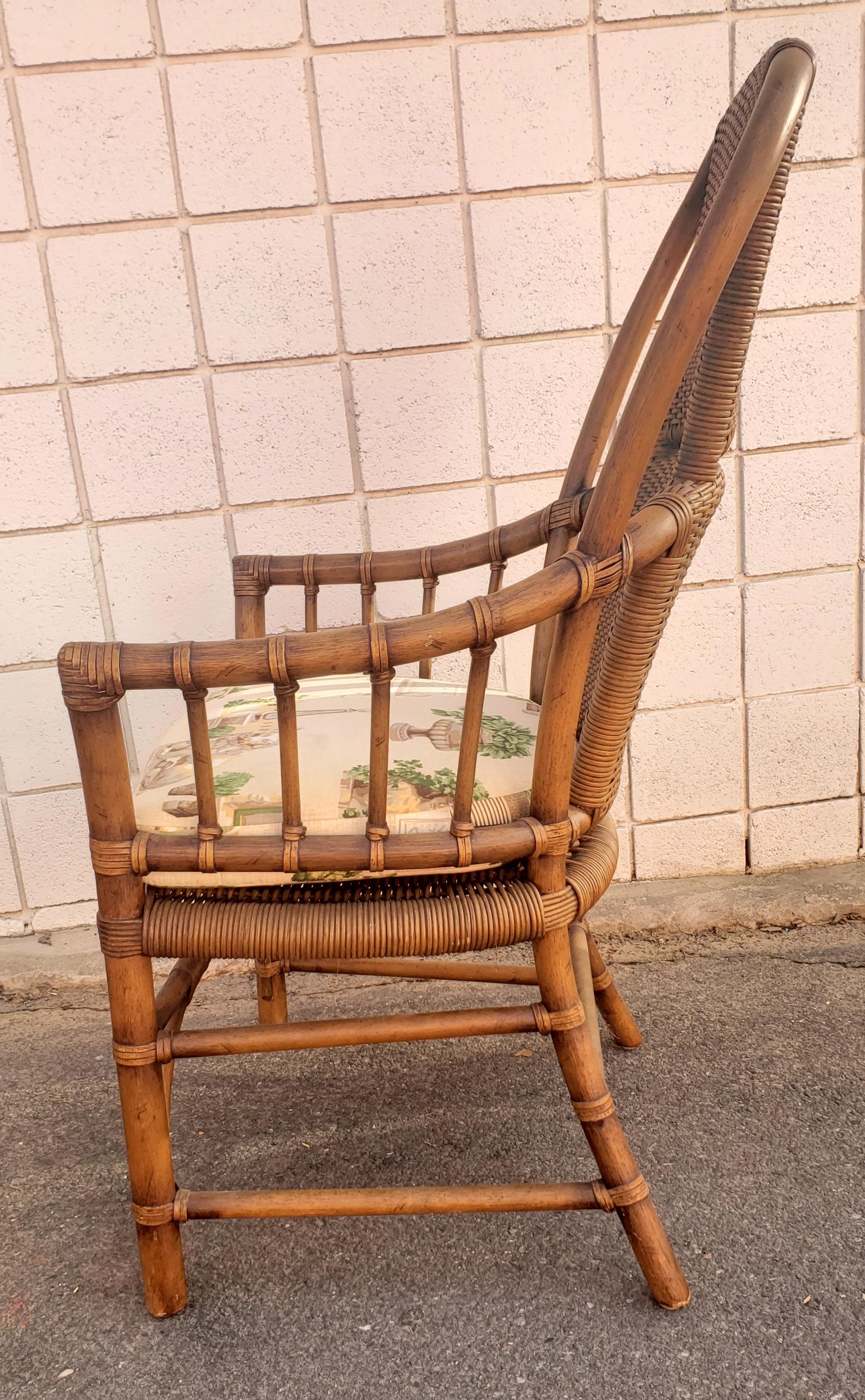 1970s High Hoop Back Rattan and Leather Straps Arm Chairs, a Pair In Good Condition For Sale In Germantown, MD
