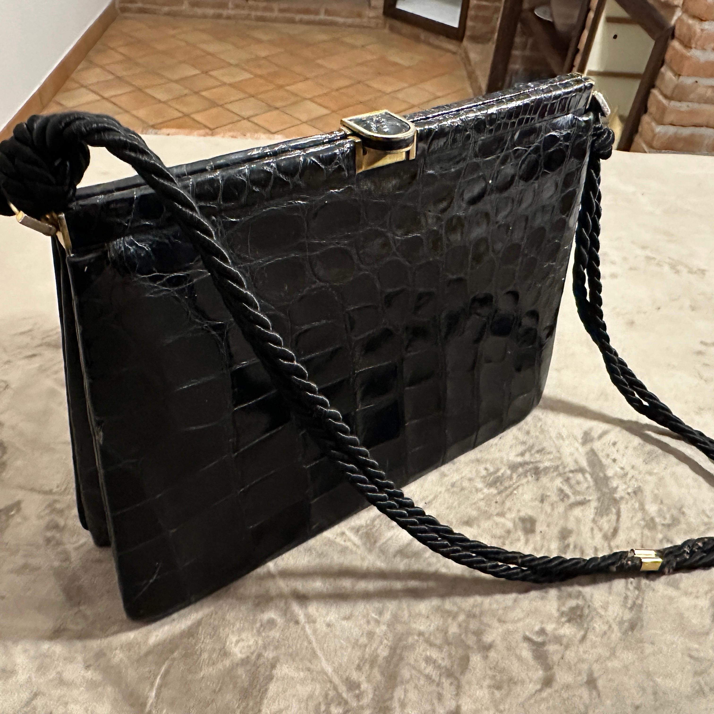Borsa a tracolla italiana anni '70 in pelle nera e corda di alta qualità in vendita 8
