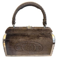 1970s High Quality Brown Cut Velvet and Silver Plated Metal Italian evening Bag