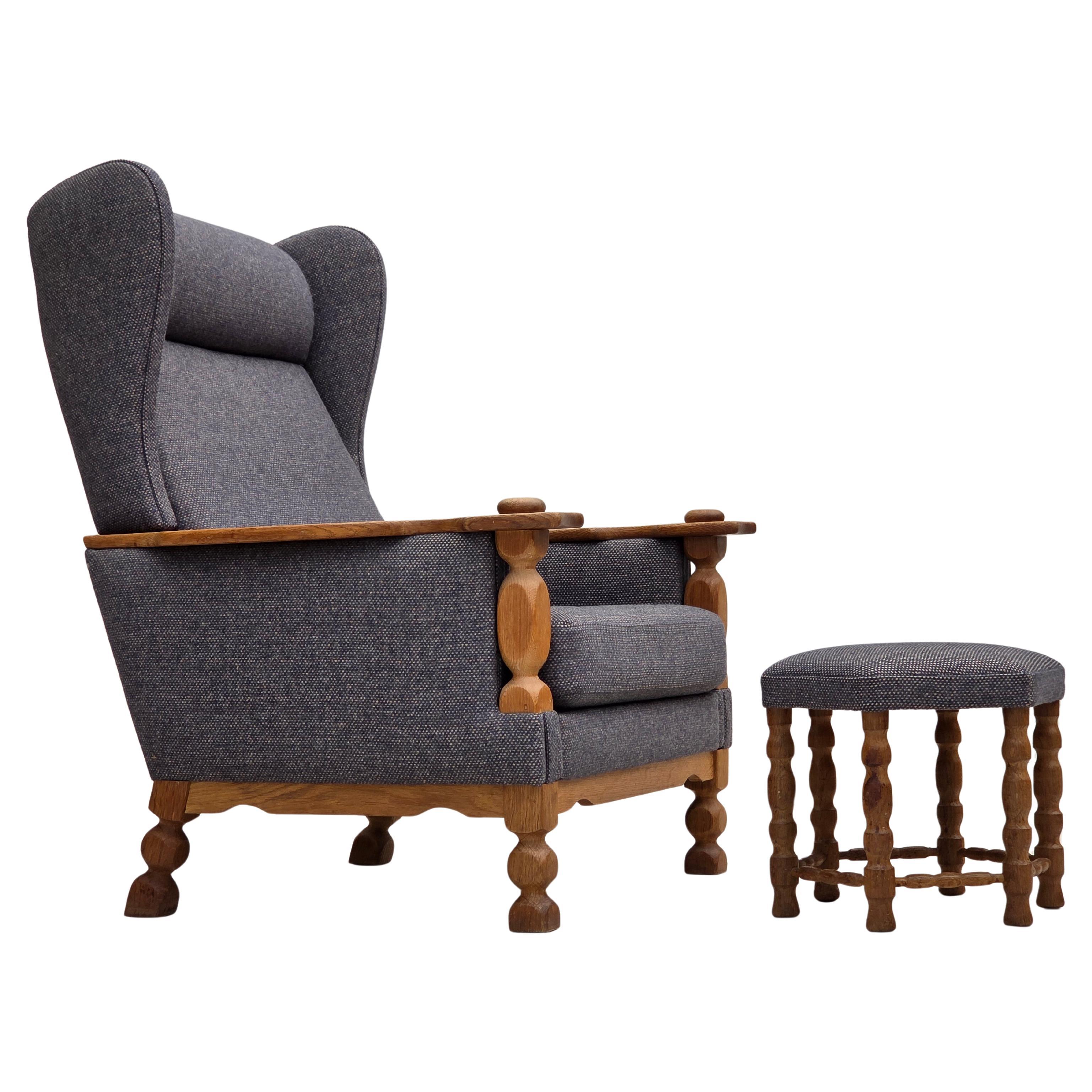 1970s, highback Danish armchair with footstool, furniture wool, solid oak.
