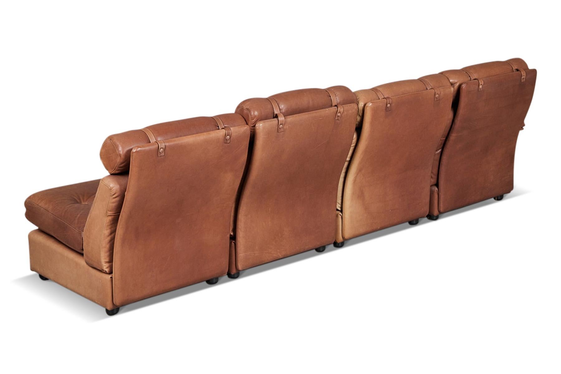 20th Century 1970s Highback Leather Sectional Sofa in Cognac Buffalo Leather For Sale