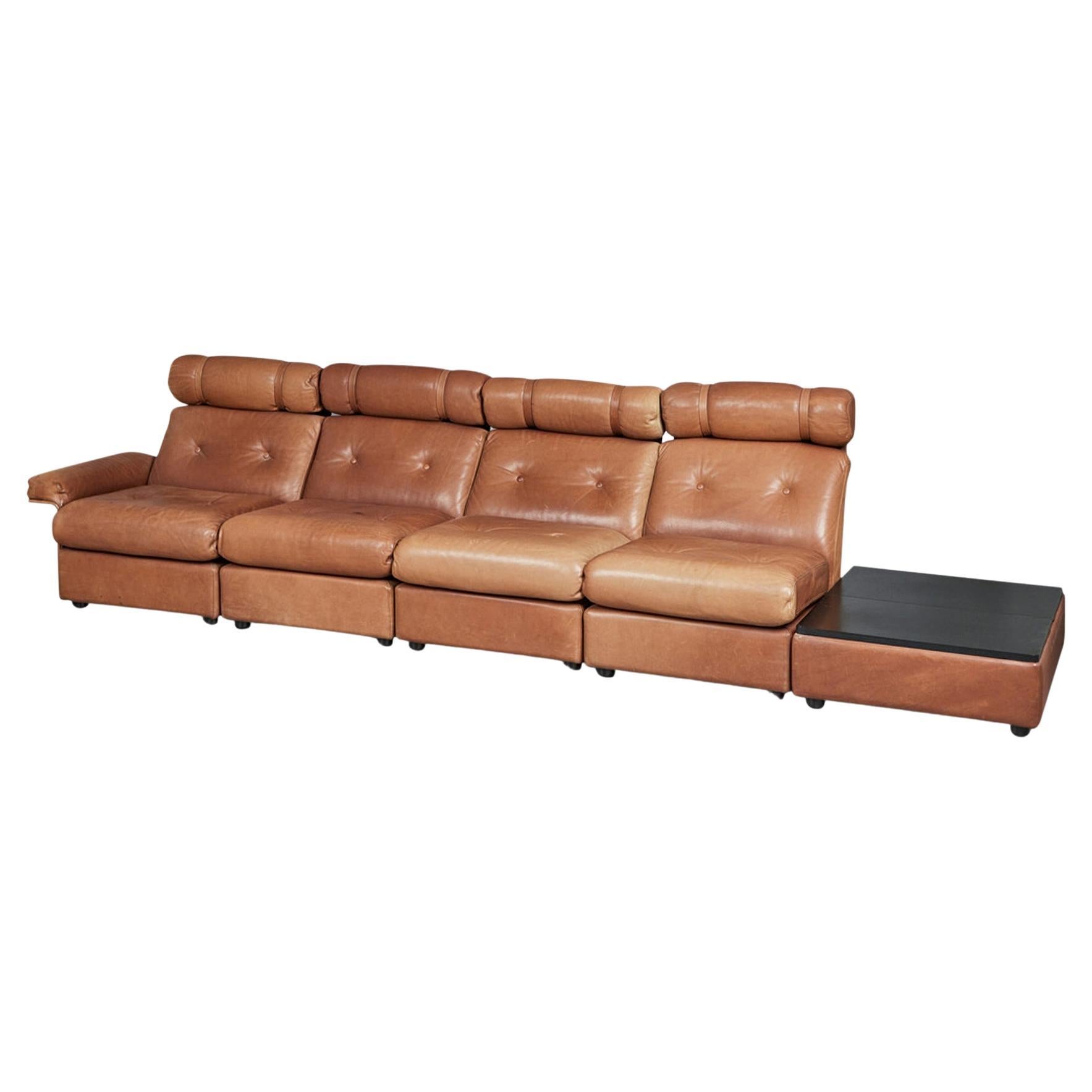 1970s Highback Leather Sectional Sofa in Cognac Buffalo Leather For Sale