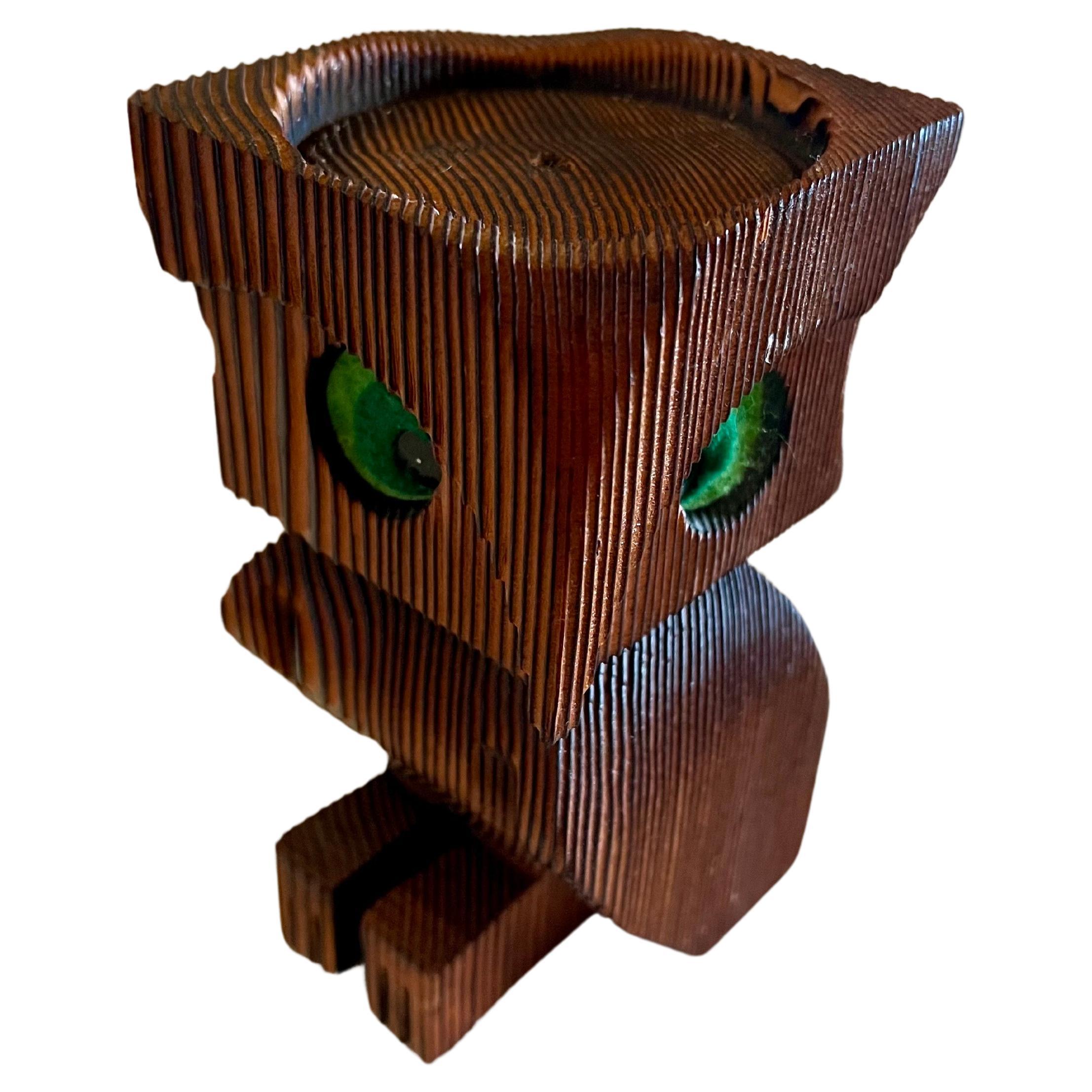 Mid-Century Modern 1970's Hippie California Design Wood Burn Owl Sculpture Candle Holder