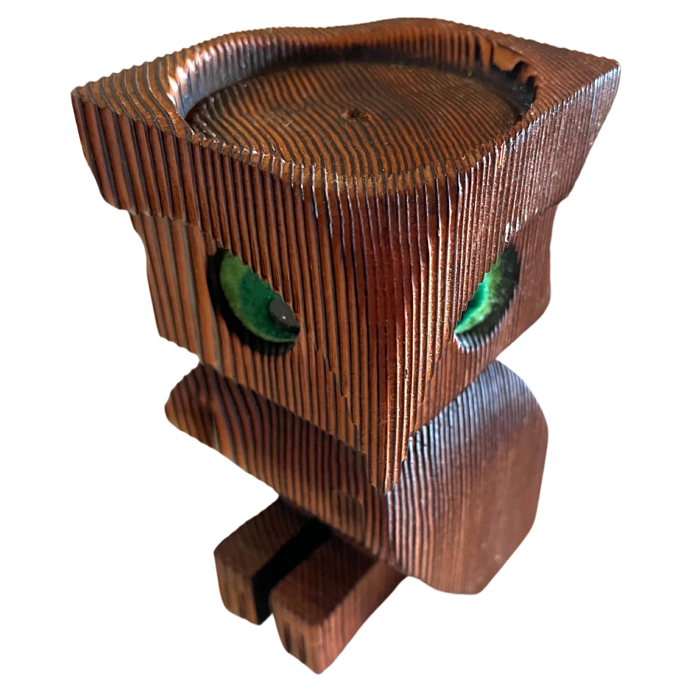 1970's Hippie California Design Wood Burn Owl Sculpture Candle Holder In Good Condition In San Diego, CA