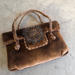 1970s Hippies Style Chocolate Brown Velvet Italian Top Handle Bag
