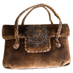 1970s Hippies Style Chocolate Brown Velvet Italian Top Handle Bag
