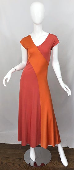 1970s Hiroko Salmon / Coral Color Blocked Slinky Vintage 70s Bias Maxi Dress